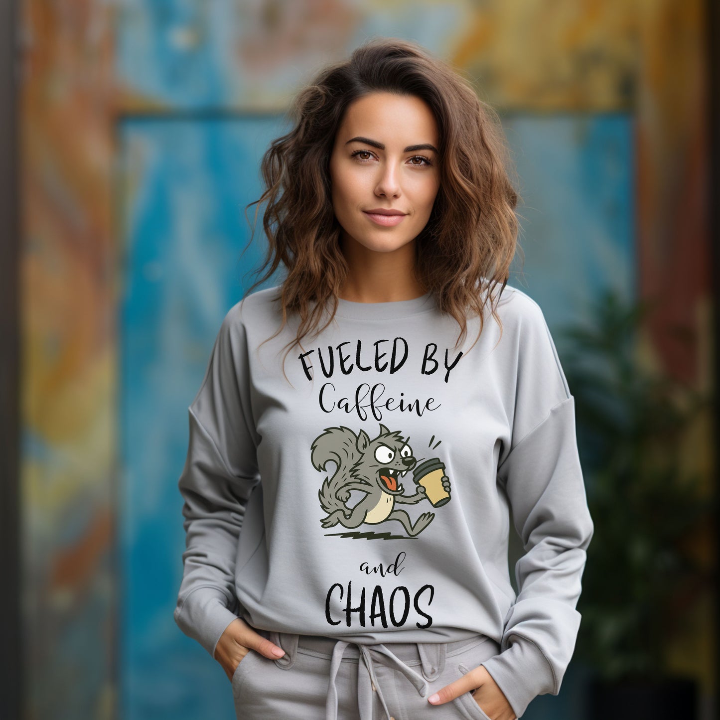 Fueled by Caffeine and Chaos Squirrel Long Sleeve T-Shirt – Funny Coffee Animal Tee