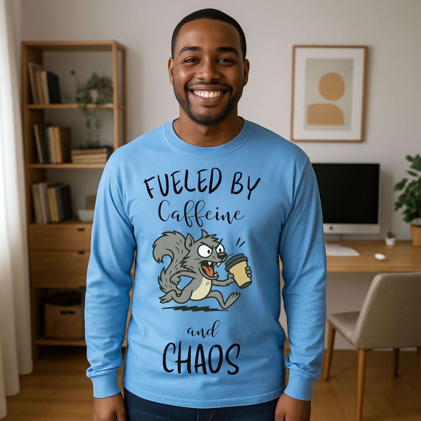 Fueled by Caffeine and Chaos Squirrel Long Sleeve T-Shirt – Funny Coffee Animal Tee