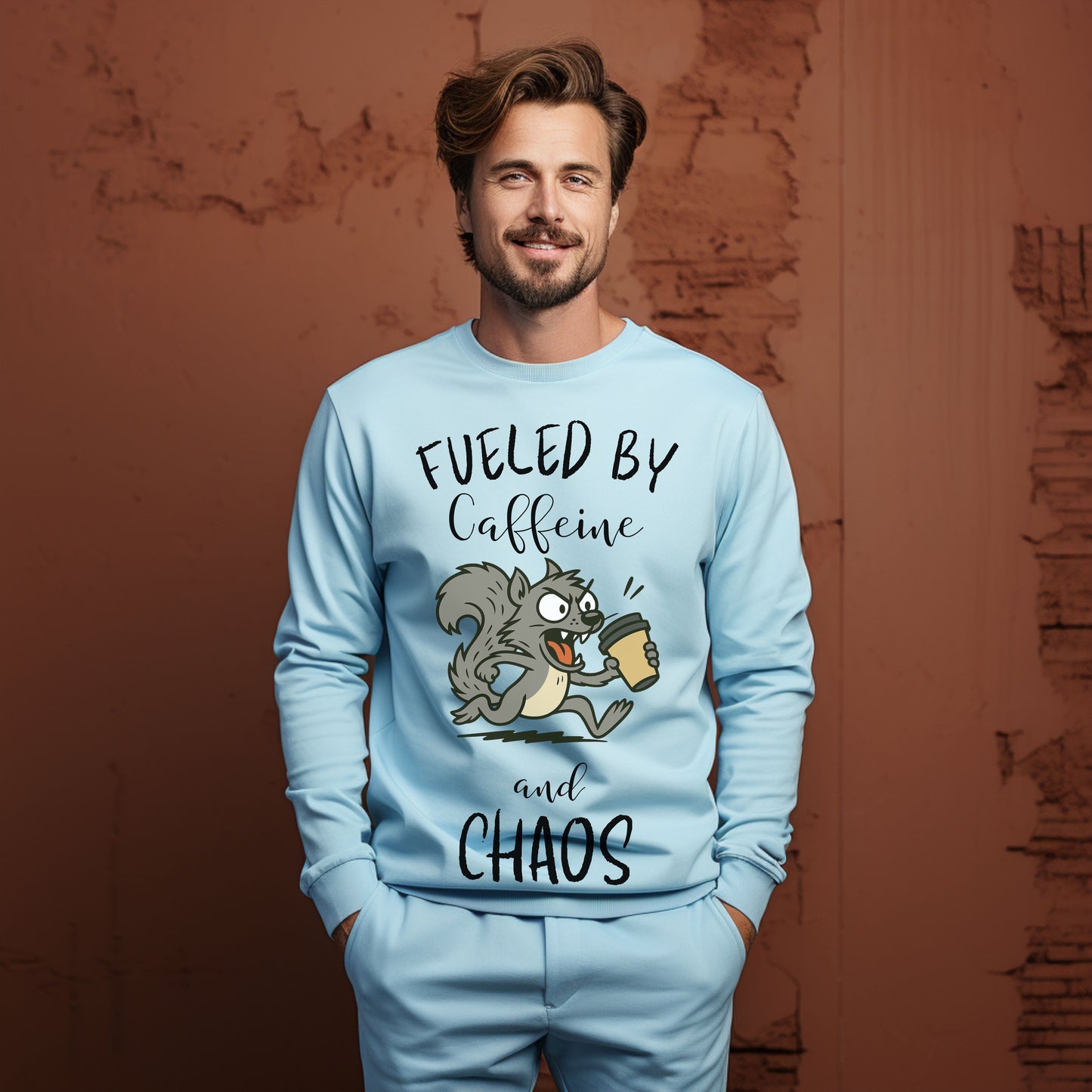 Fueled by Caffeine and Chaos Squirrel Long Sleeve T-Shirt – Funny Coffee Animal Tee