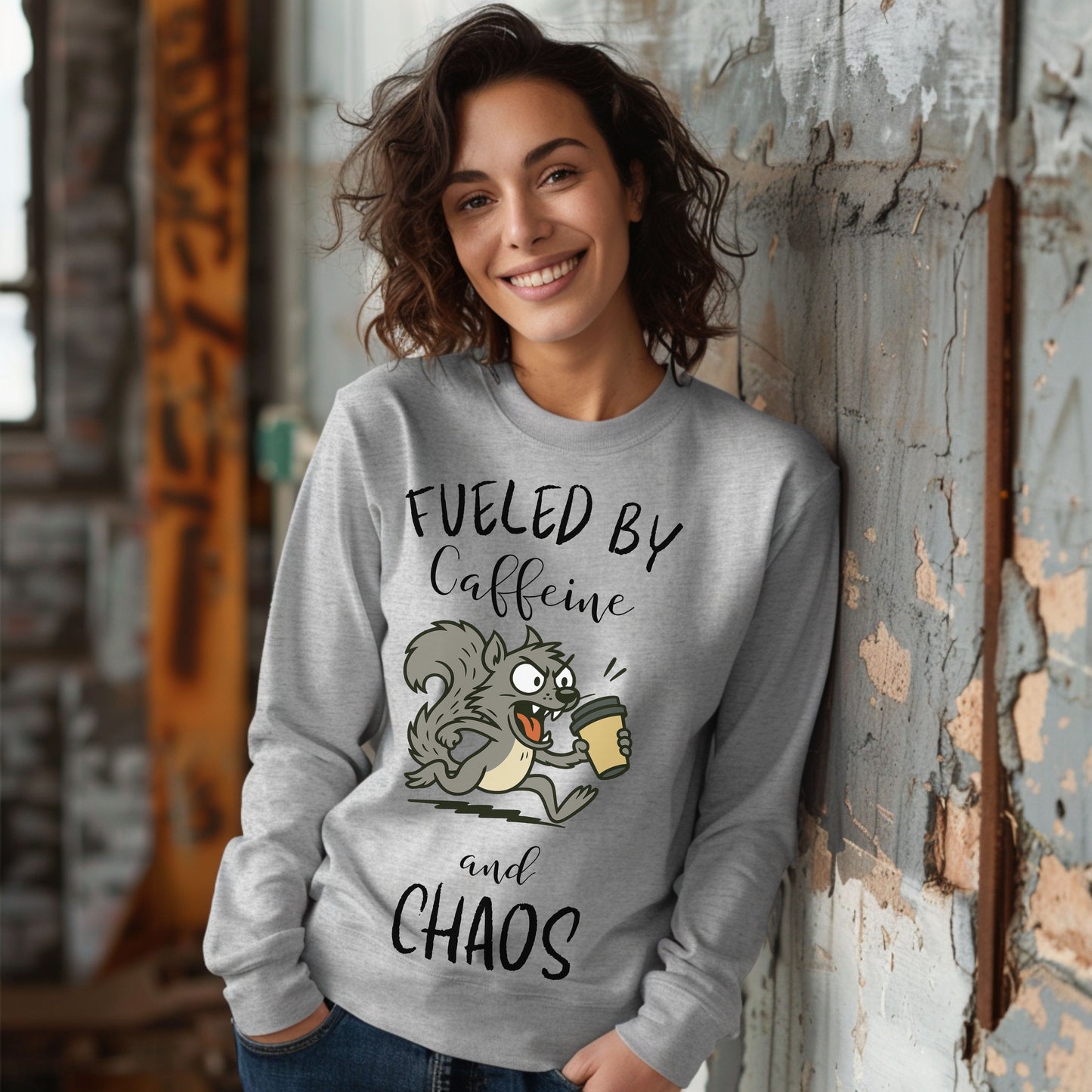 Fueled by Caffeine and Chaos Squirrel Long Sleeve T-Shirt – Funny Coffee Animal Tee