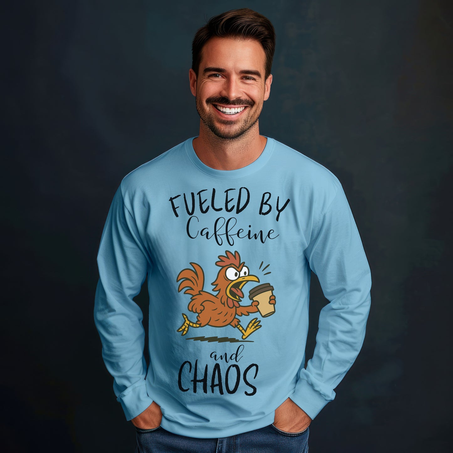 Fueled by Caffeine and Chaos Chicken Long Sleeve T-Shirt – Funny Coffee Hen Tee for Animal Lovers