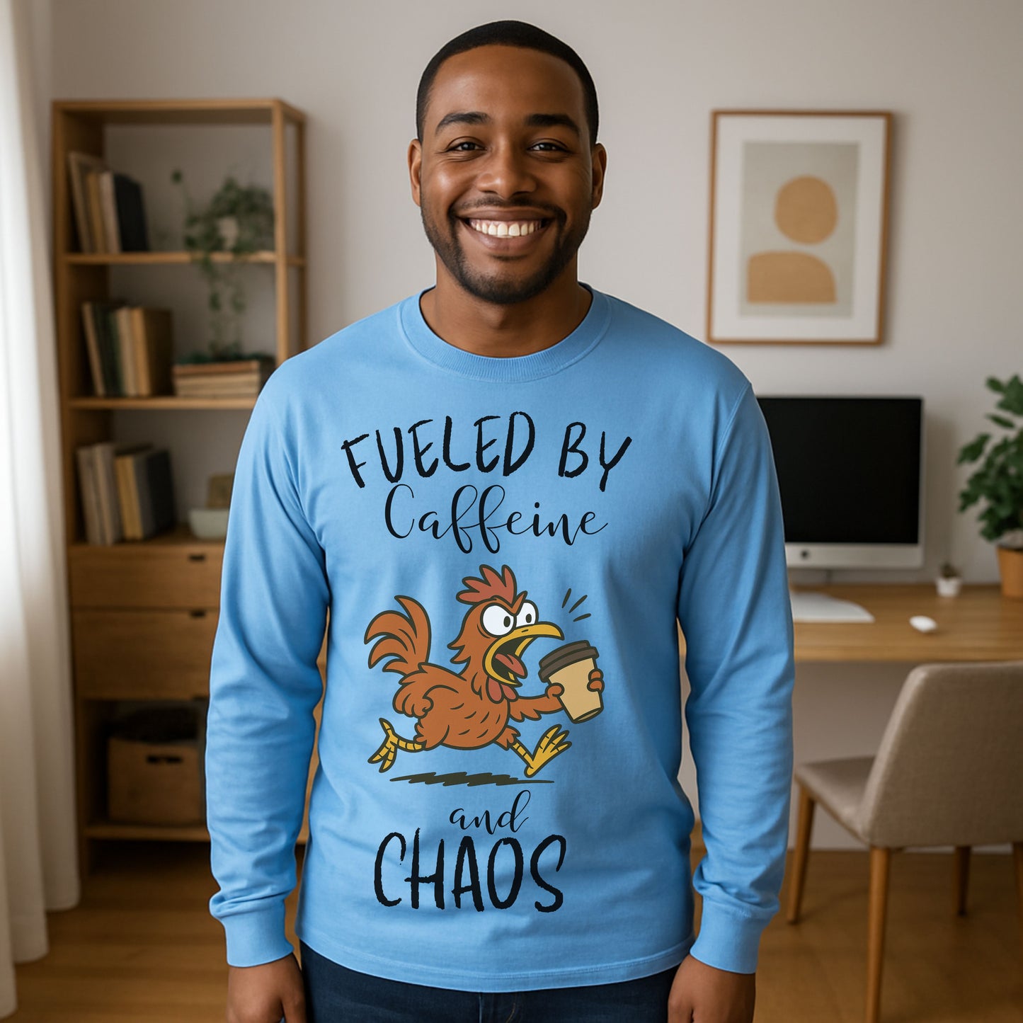 Fueled by Caffeine and Chaos Chicken Long Sleeve T-Shirt – Funny Coffee Hen Tee for Animal Lovers