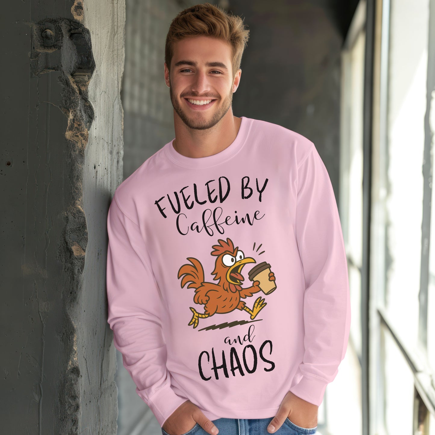 Fueled by Caffeine and Chaos Chicken Long Sleeve T-Shirt – Funny Coffee Hen Tee for Animal Lovers
