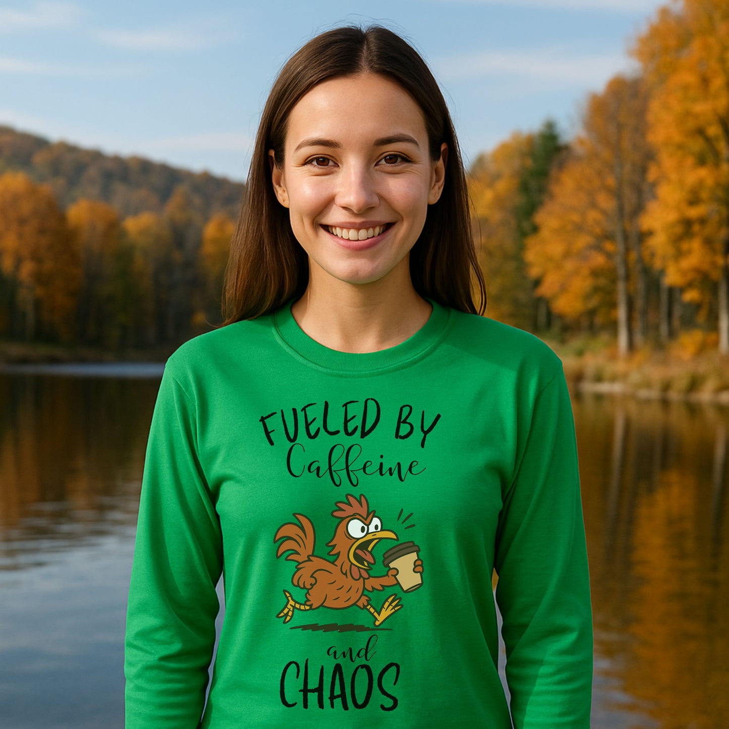 Fueled by Caffeine and Chaos Chicken Long Sleeve T-Shirt – Funny Coffee Hen Tee for Animal Lovers