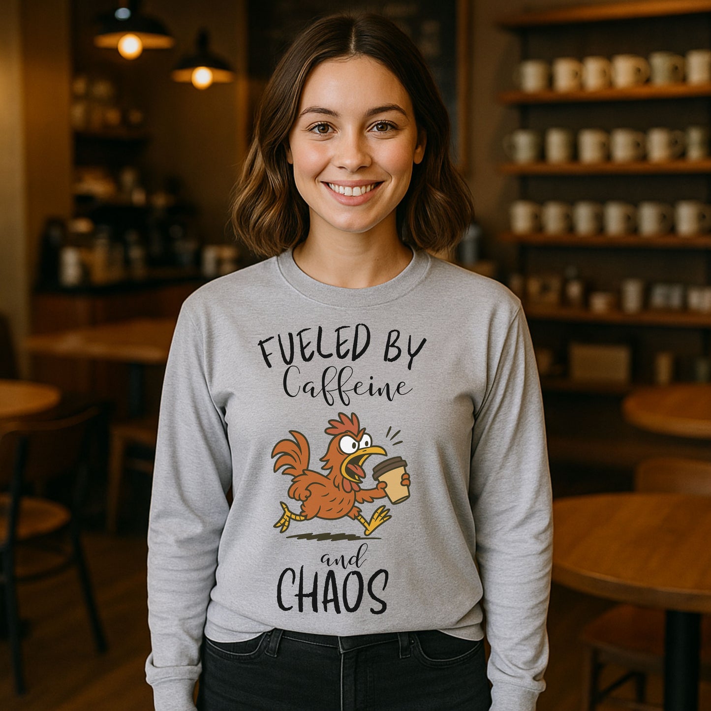 Fueled by Caffeine and Chaos Chicken Long Sleeve T-Shirt – Funny Coffee Hen Tee for Animal Lovers
