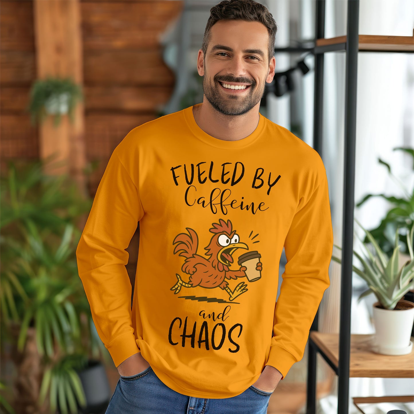 Fueled by Caffeine and Chaos Chicken Long Sleeve T-Shirt – Funny Coffee Hen Tee for Animal Lovers