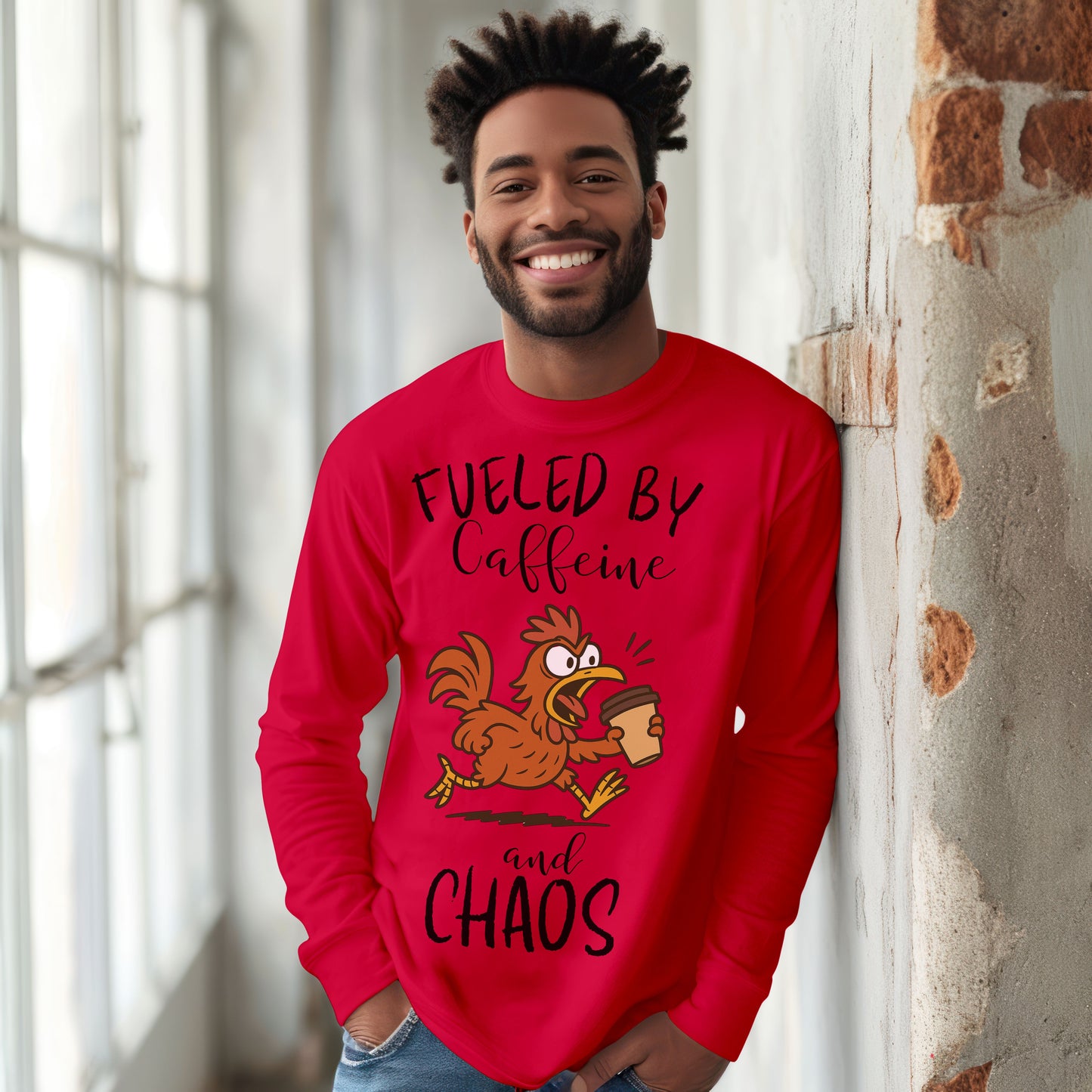 Fueled by Caffeine and Chaos Chicken Long Sleeve T-Shirt – Funny Coffee Hen Tee for Animal Lovers