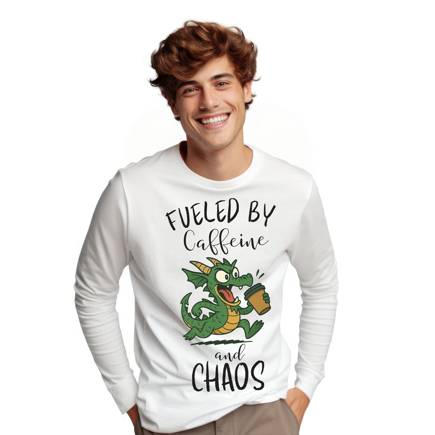 Fueled by Caffeine and Chaos Dragon Long Sleeve T-Shirt – Funny Fantasy Coffee Tee for Mythical Creature Fans