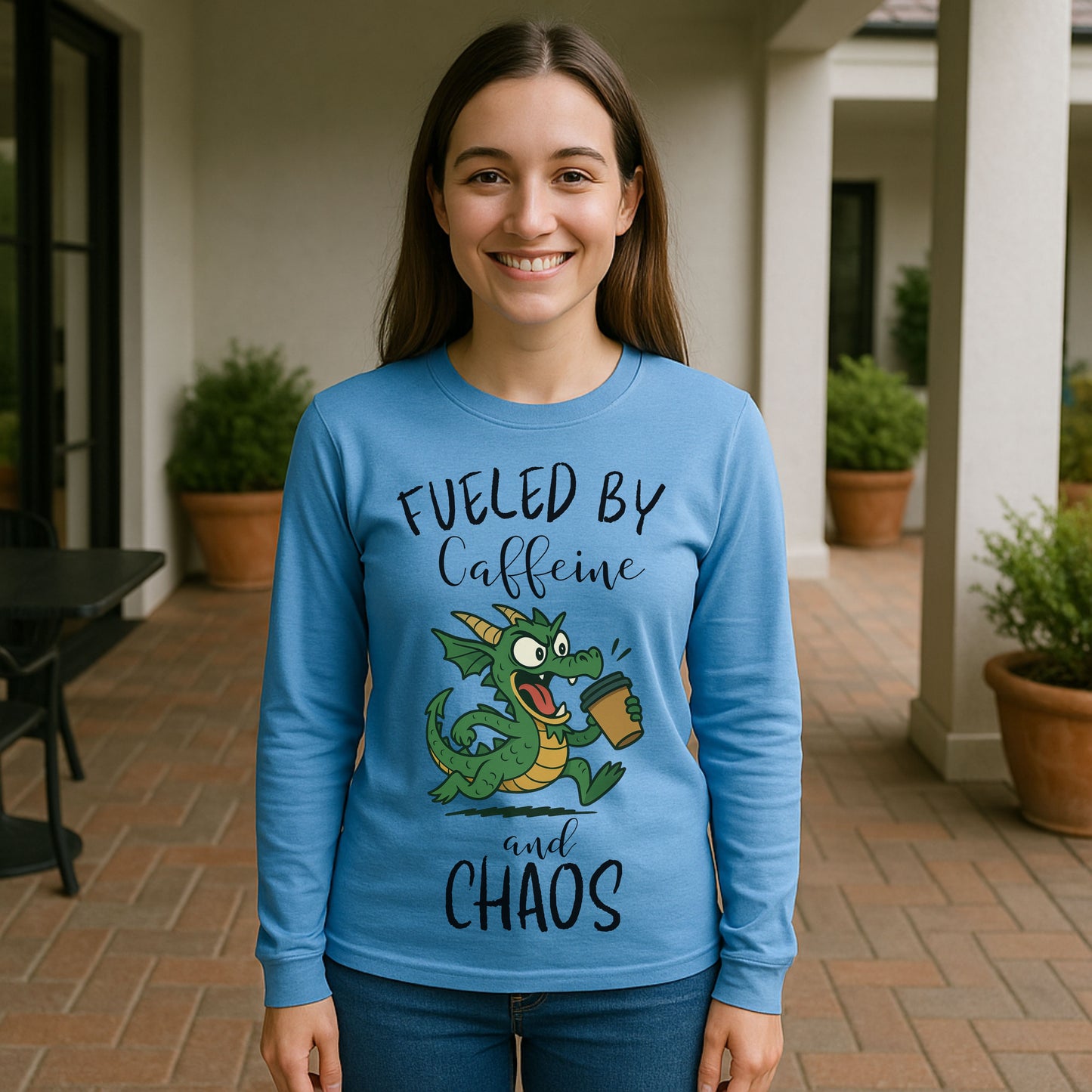Fueled by Caffeine and Chaos Dragon Long Sleeve T-Shirt – Funny Fantasy Coffee Tee for Mythical Creature Fans