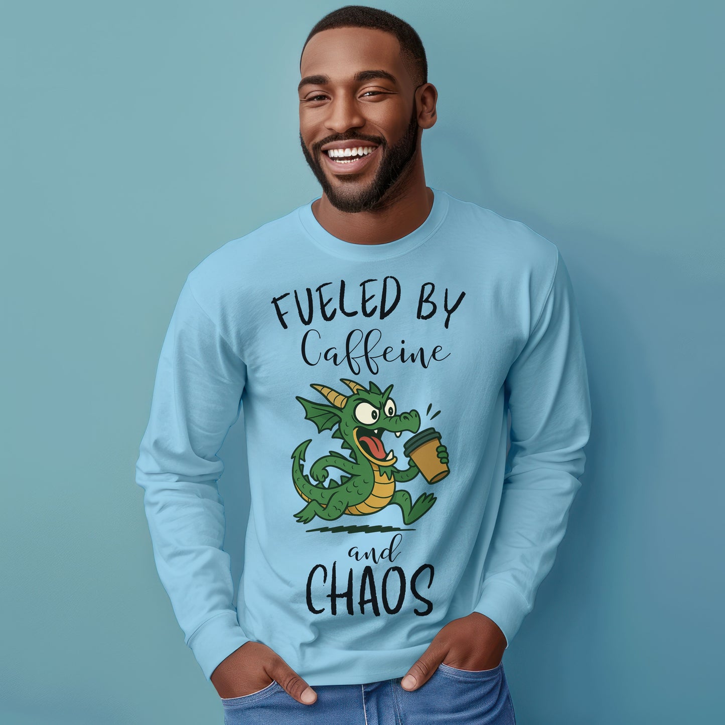 Fueled by Caffeine and Chaos Dragon Long Sleeve T-Shirt – Funny Fantasy Coffee Tee for Mythical Creature Fans