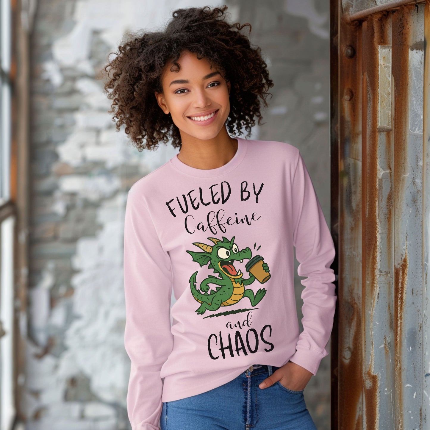 Fueled by Caffeine and Chaos Dragon Long Sleeve T-Shirt – Funny Fantasy Coffee Tee for Mythical Creature Fans
