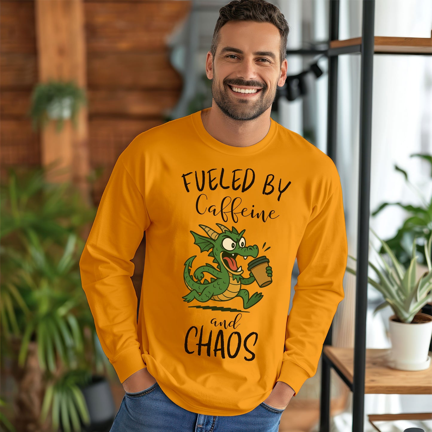 Fueled by Caffeine and Chaos Dragon Long Sleeve T-Shirt – Funny Fantasy Coffee Tee for Mythical Creature Fans