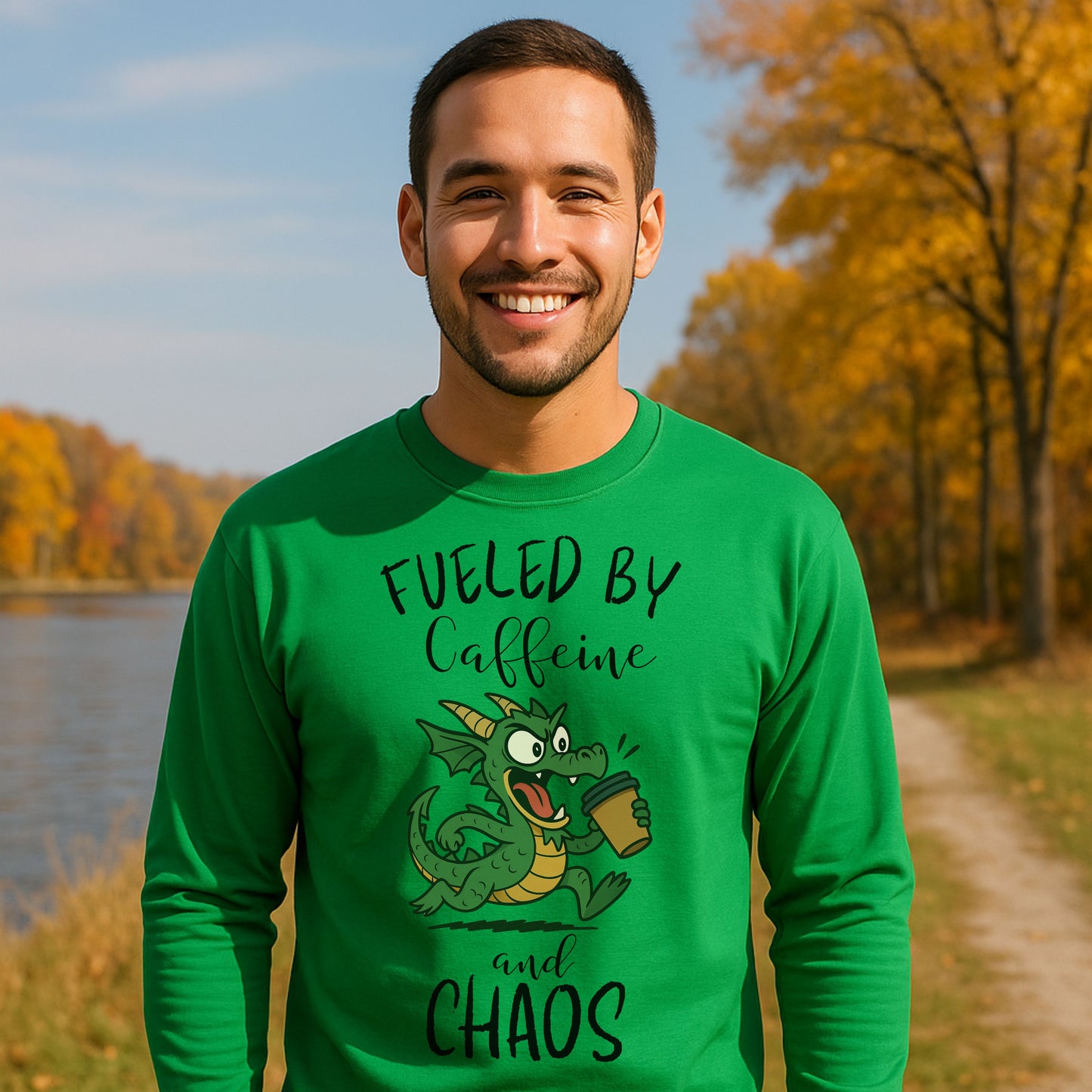Fueled by Caffeine and Chaos Dragon Long Sleeve T-Shirt – Funny Fantasy Coffee Tee for Mythical Creature Fans
