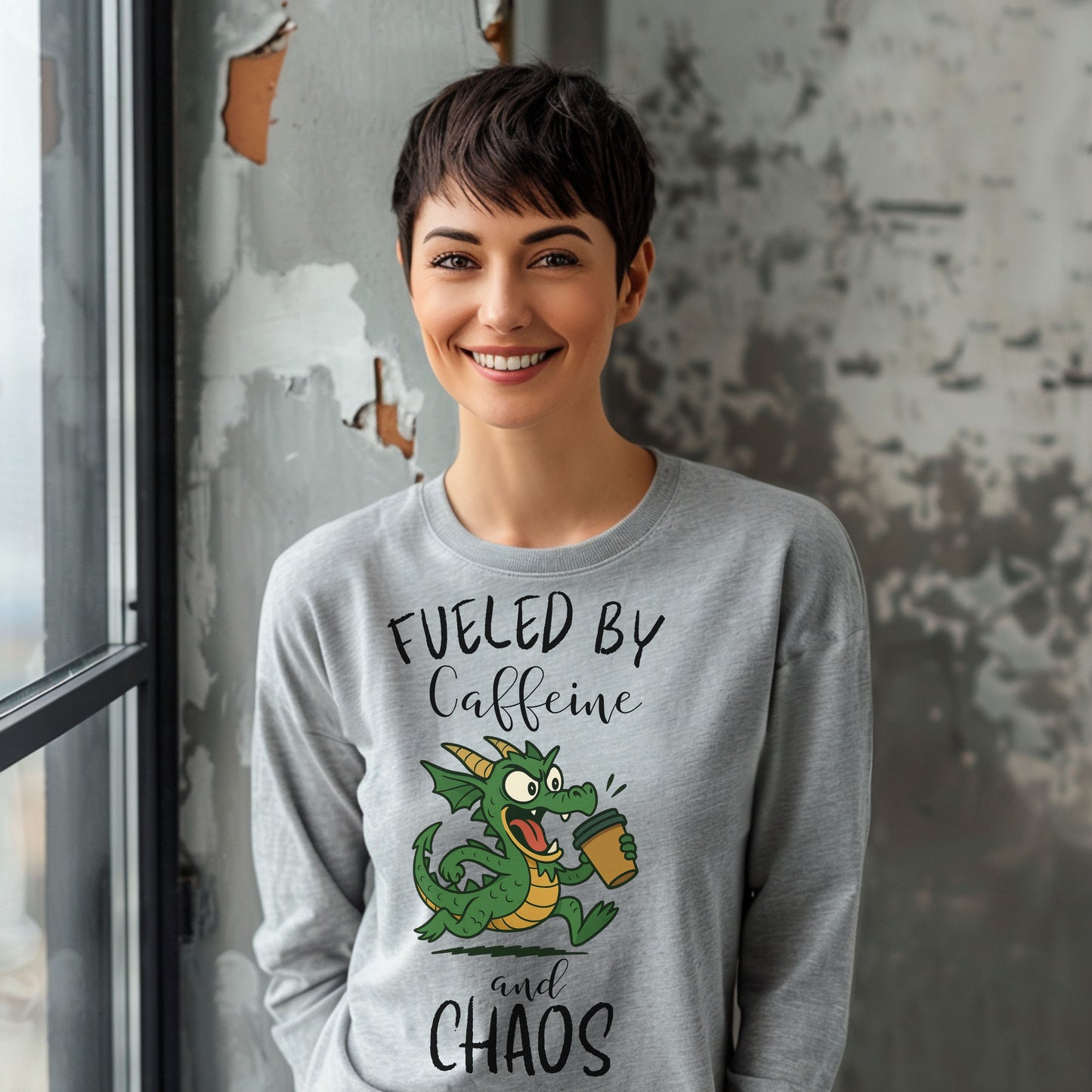 Fueled by Caffeine and Chaos Dragon Long Sleeve T-Shirt – Funny Fantasy Coffee Tee for Mythical Creature Fans