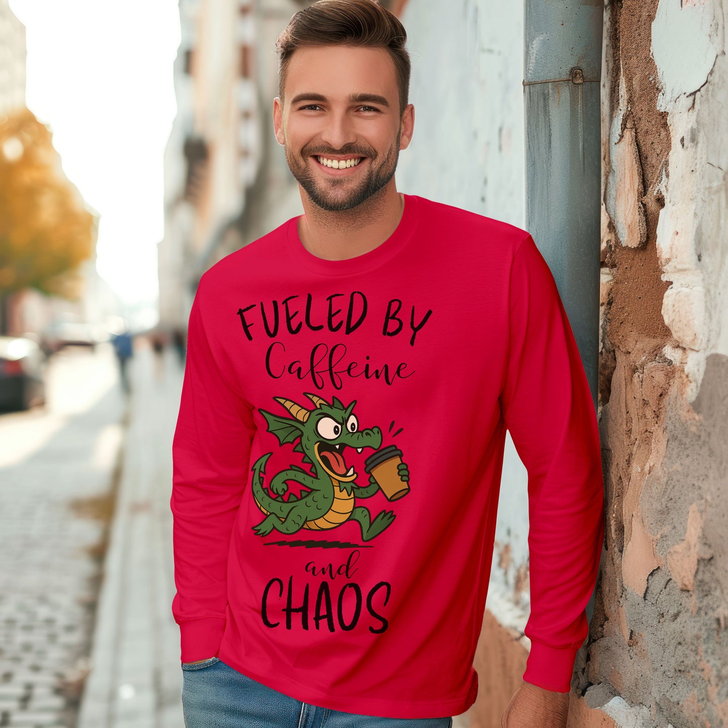 Fueled by Caffeine and Chaos Dragon Long Sleeve T-Shirt – Funny Fantasy Coffee Tee for Mythical Creature Fans