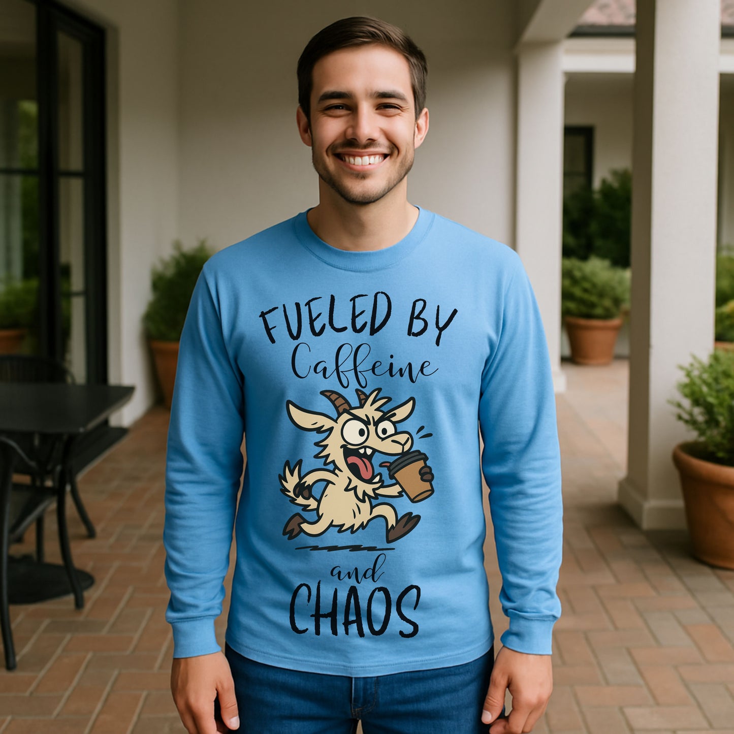 Fueled by Caffeine and Chaos Goat Long Sleeve T-Shirt – Funny Coffee Farm Animal Tee for Goat Lovers