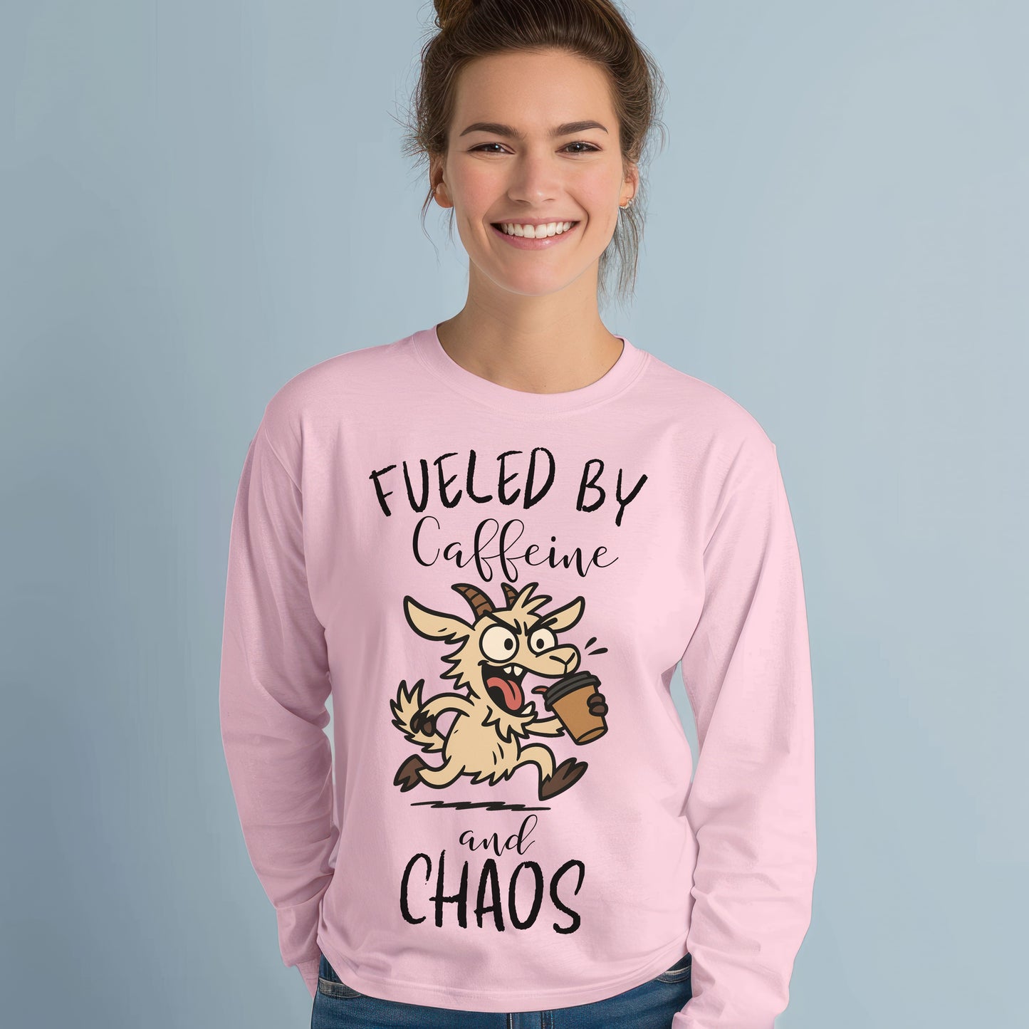 Fueled by Caffeine and Chaos Goat Long Sleeve T-Shirt – Funny Coffee Farm Animal Tee for Goat Lovers