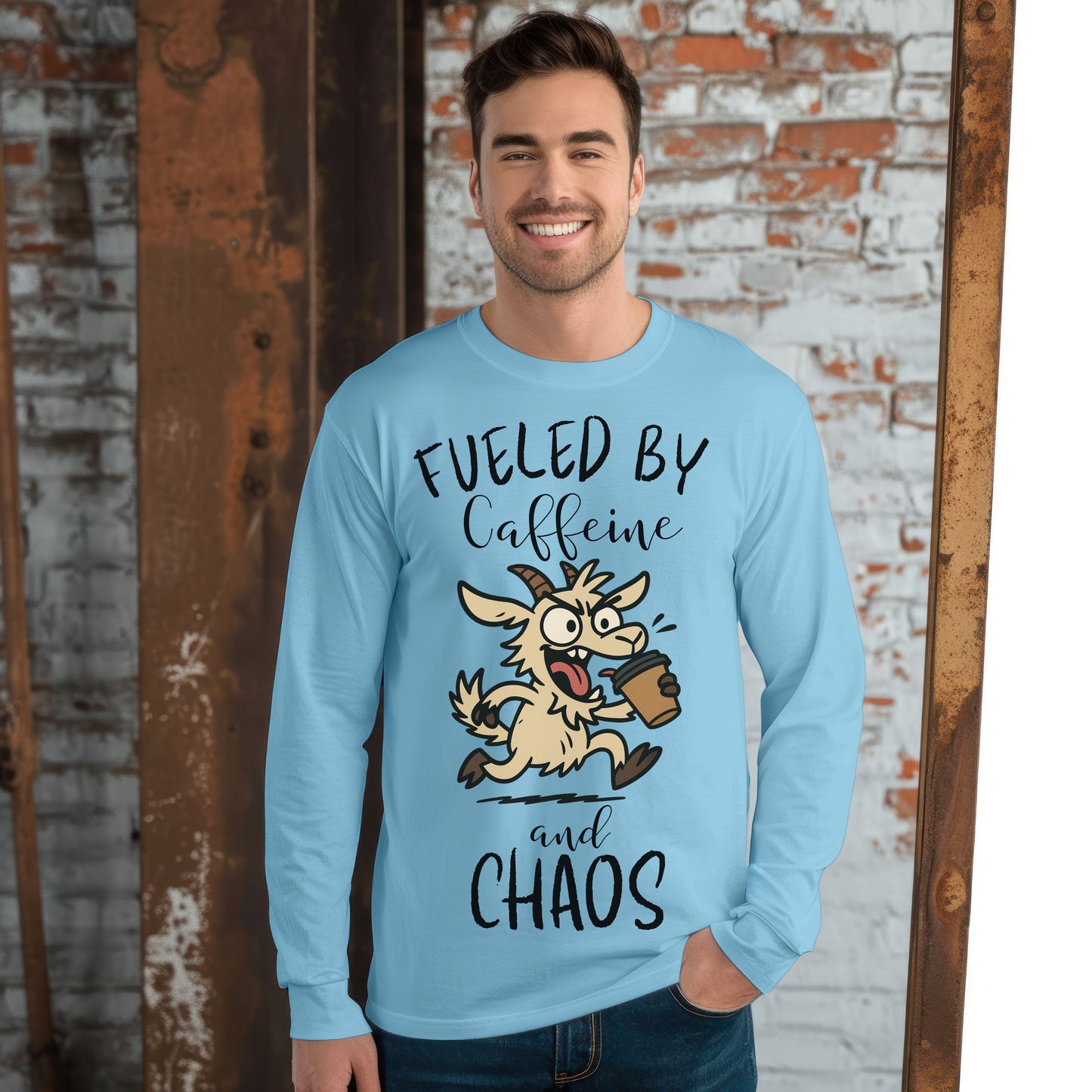 Fueled by Caffeine and Chaos Goat Long Sleeve T-Shirt – Funny Coffee Farm Animal Tee for Goat Lovers
