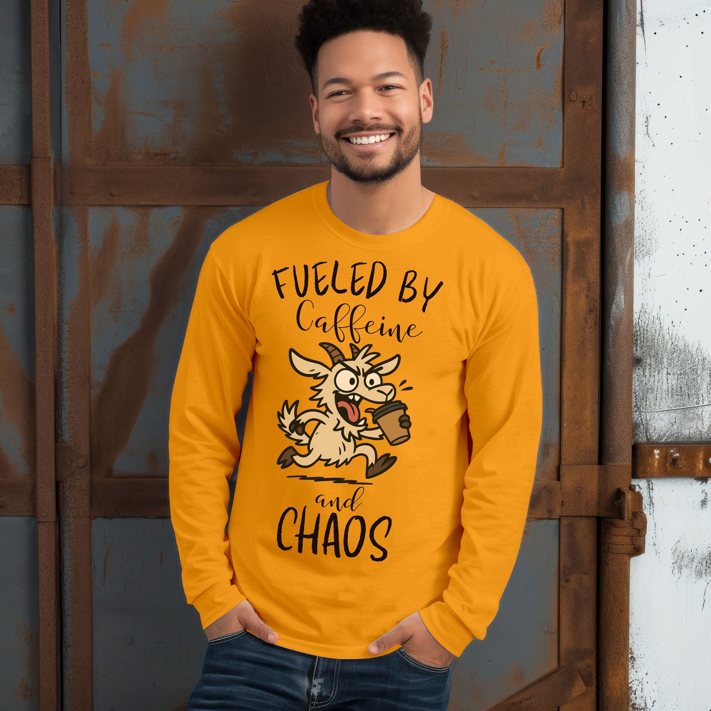 Fueled by Caffeine and Chaos Goat Long Sleeve T-Shirt – Funny Coffee Farm Animal Tee for Goat Lovers