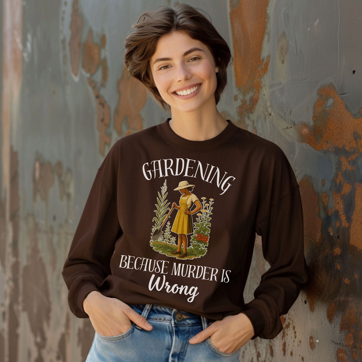 Funny Gardening  Lpng Sleeve T-Shirt – "Gardening Because Murder Is Wrong" Tee for Women, Dark Humor Garden Shirt, Gift for Plant Lovers