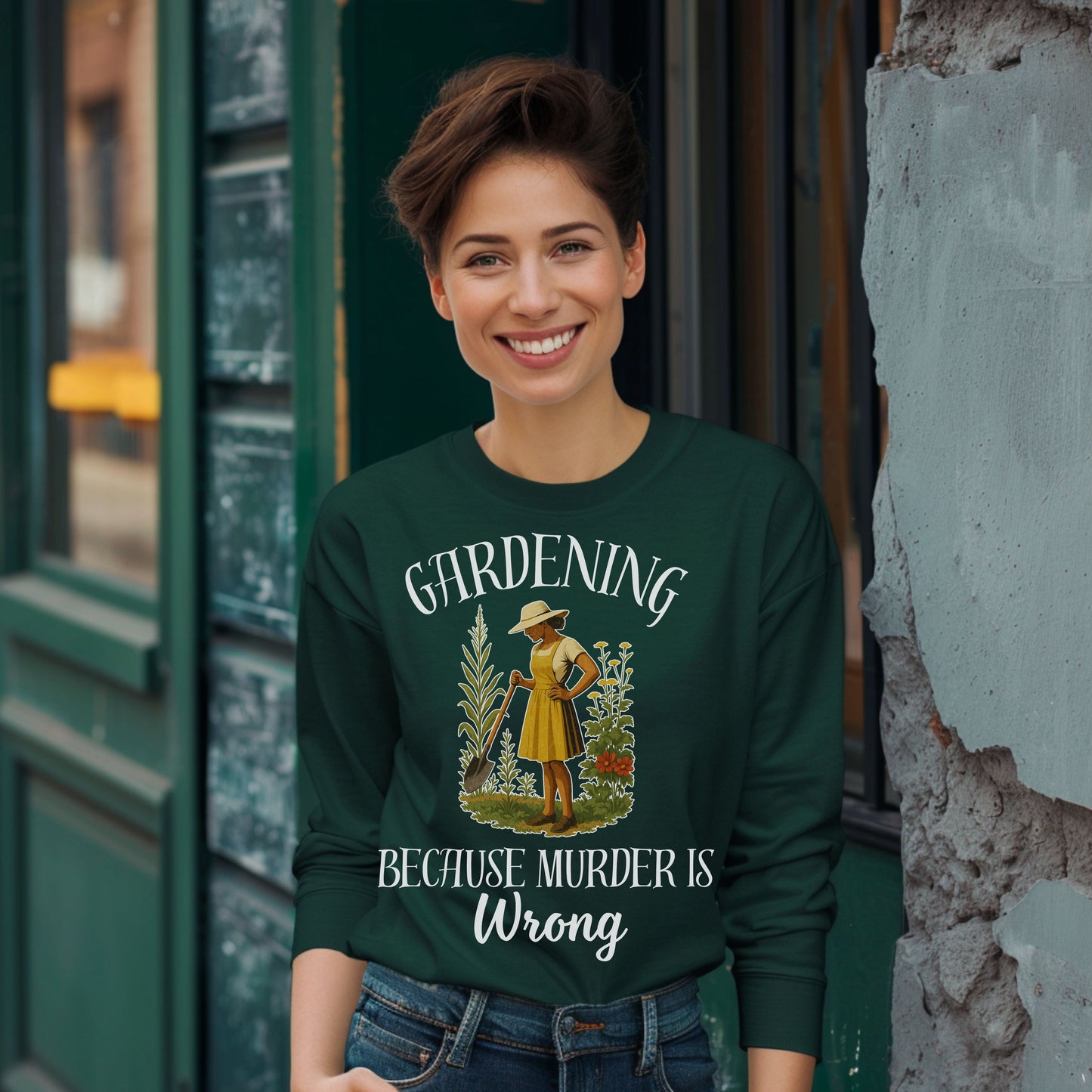 Funny Gardening  Lpng Sleeve T-Shirt – "Gardening Because Murder Is Wrong" Tee for Women, Dark Humor Garden Shirt, Gift for Plant Lovers
