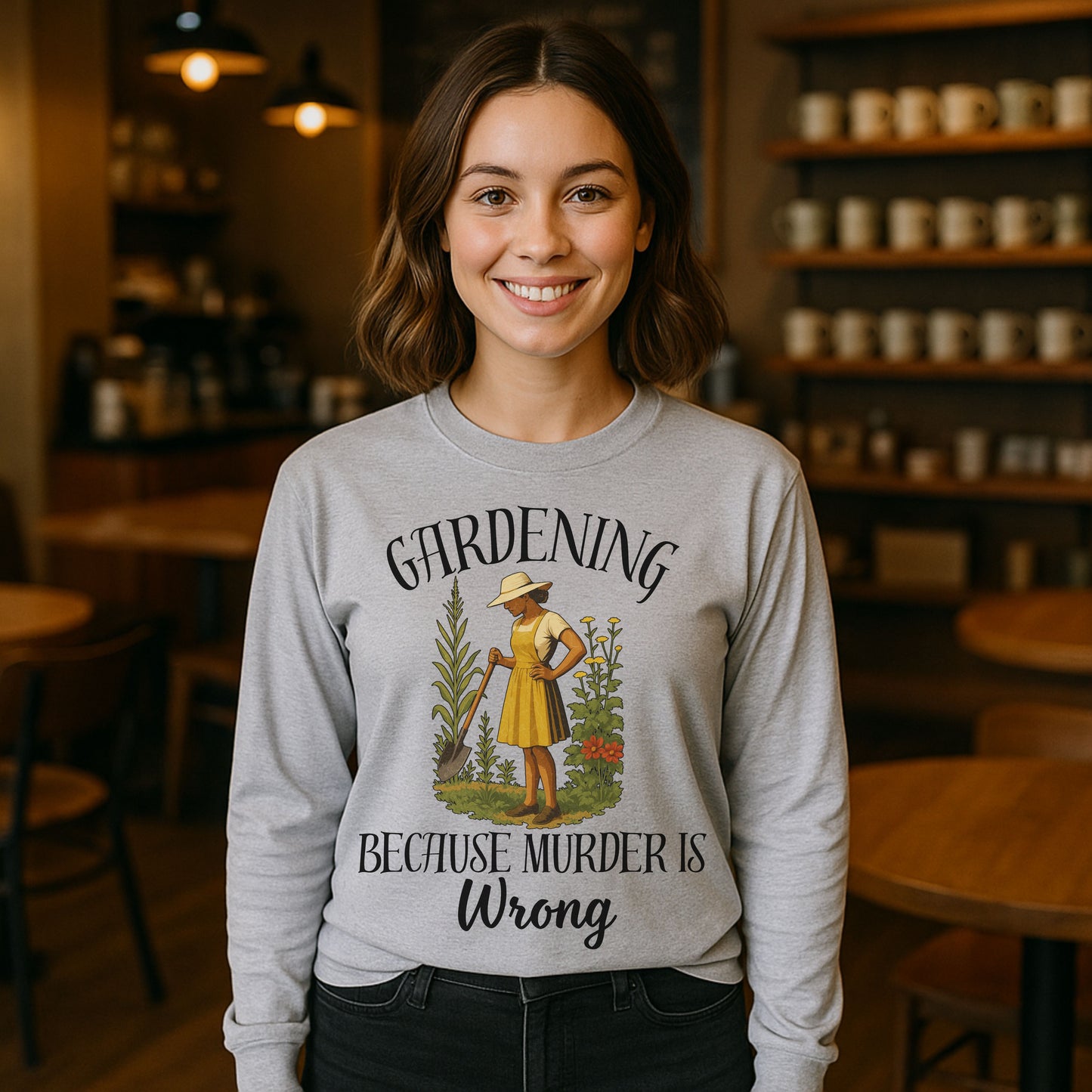Funny Gardening  Lpng Sleeve T-Shirt – "Gardening Because Murder Is Wrong" Tee for Women, Dark Humor Garden Shirt, Gift for Plant Lovers