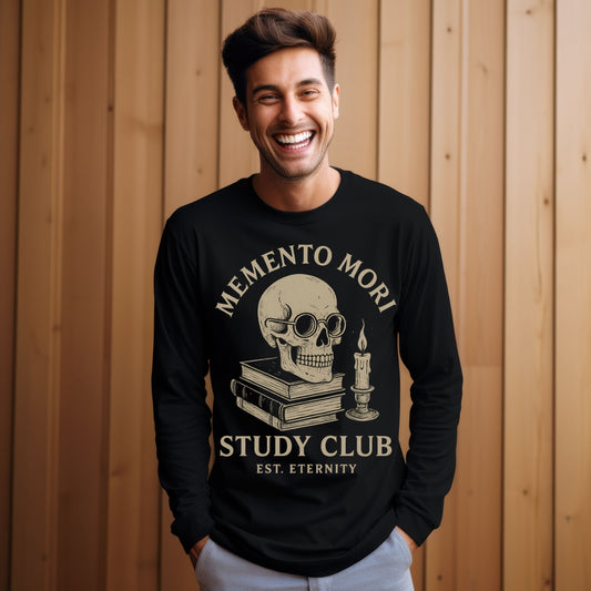 Memento Mori Study Club Long Sleeve T-Shirt – Gothic Academia Skull Tee for Bookish Souls