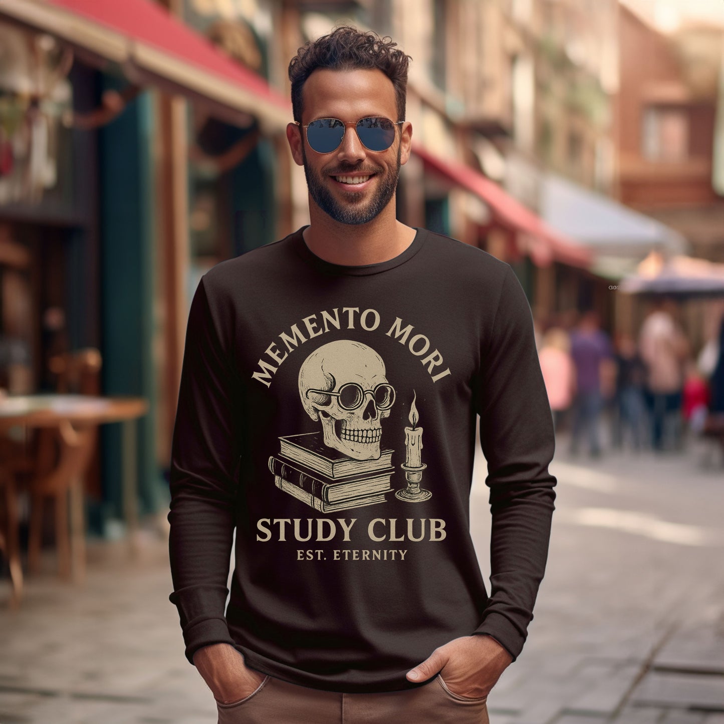 Memento Mori Study Club Long Sleeve T-Shirt – Gothic Academia Skull Tee for Bookish Souls