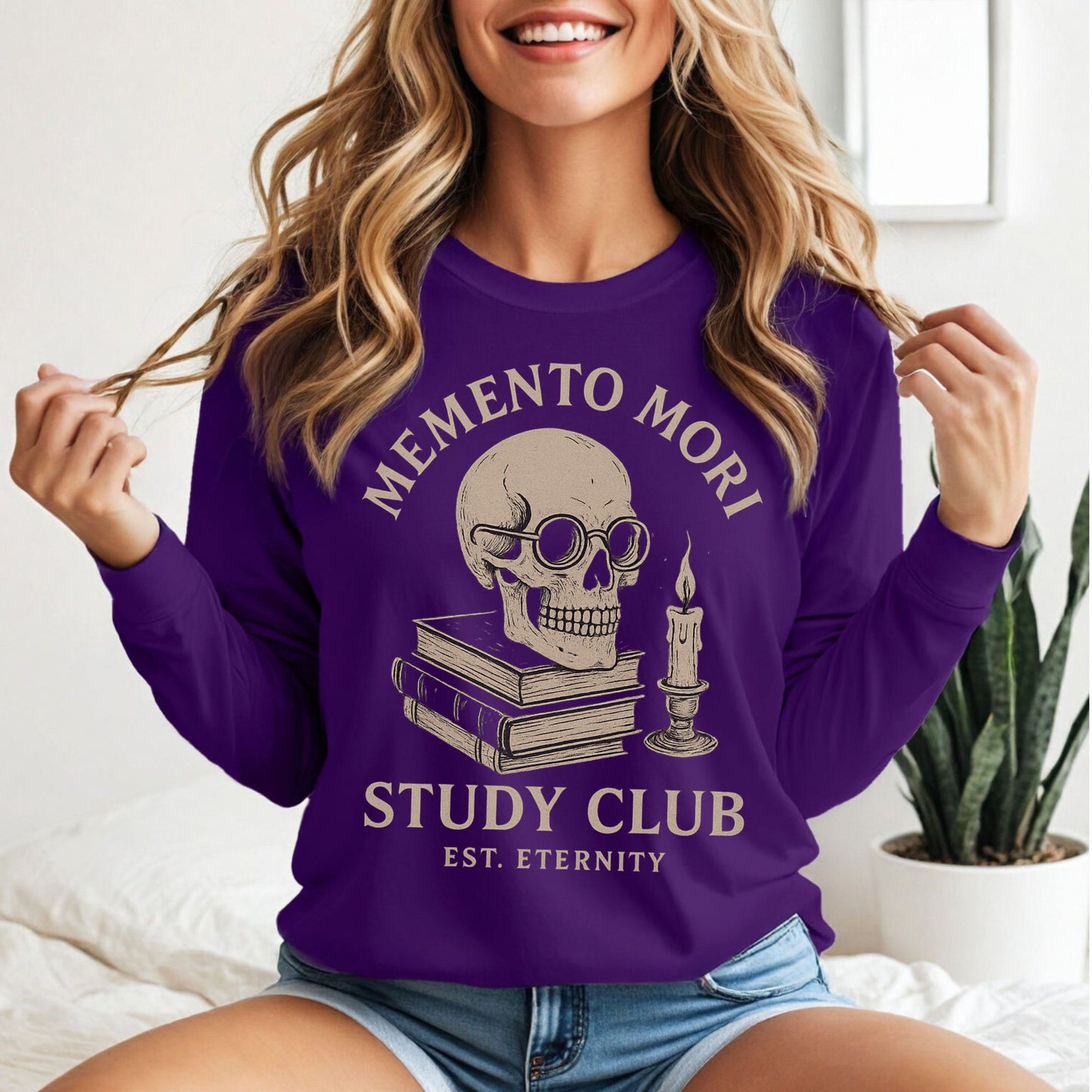 Memento Mori Study Club Long Sleeve T-Shirt – Gothic Academia Skull Tee for Bookish Souls