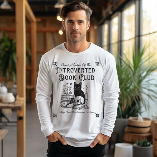 Introverted Book Club Long Sleeve T-Shirt – Black Cat Reading Shirt, Funny Bookish Gift for Introverts & Cat Lovers
