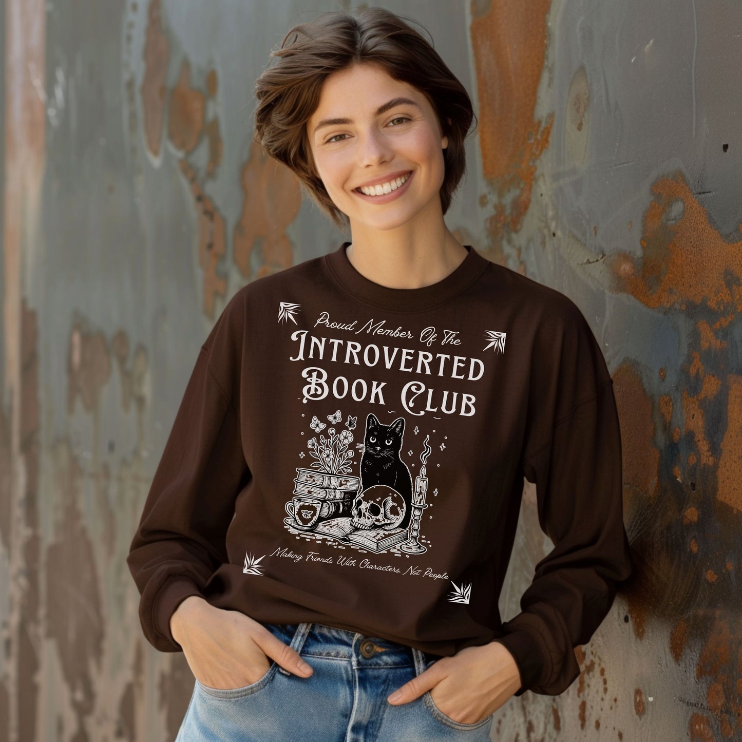 Introverted Book Club Long Sleeve T-Shirt – Black Cat Reading Shirt, Funny Bookish Gift for Introverts & Cat Lovers
