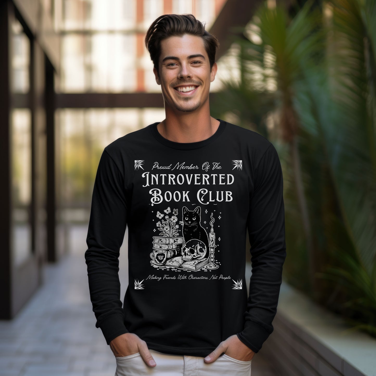Introverted Book Club Long Sleeve T-Shirt – Black Cat Reading Shirt, Funny Bookish Gift for Introverts & Cat Lovers