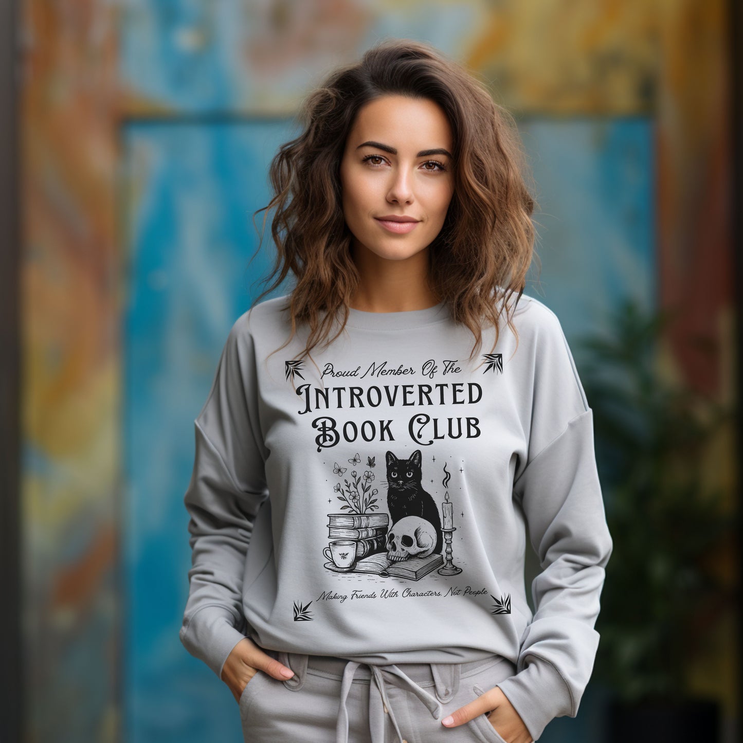 Introverted Book Club Long Sleeve T-Shirt – Black Cat Reading Shirt, Funny Bookish Gift for Introverts & Cat Lovers