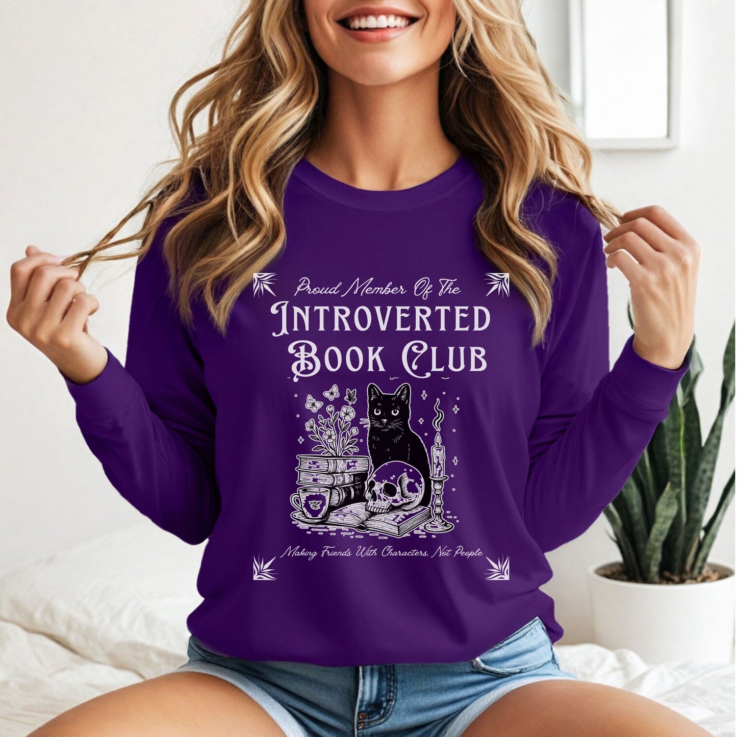 Introverted Book Club Long Sleeve T-Shirt – Black Cat Reading Shirt, Funny Bookish Gift for Introverts & Cat Lovers