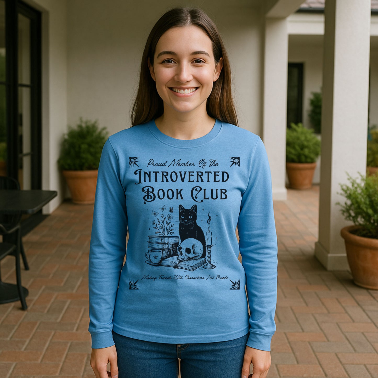 Introverted Book Club Long Sleeve T-Shirt – Black Cat Reading Shirt, Funny Bookish Gift for Introverts & Cat Lovers