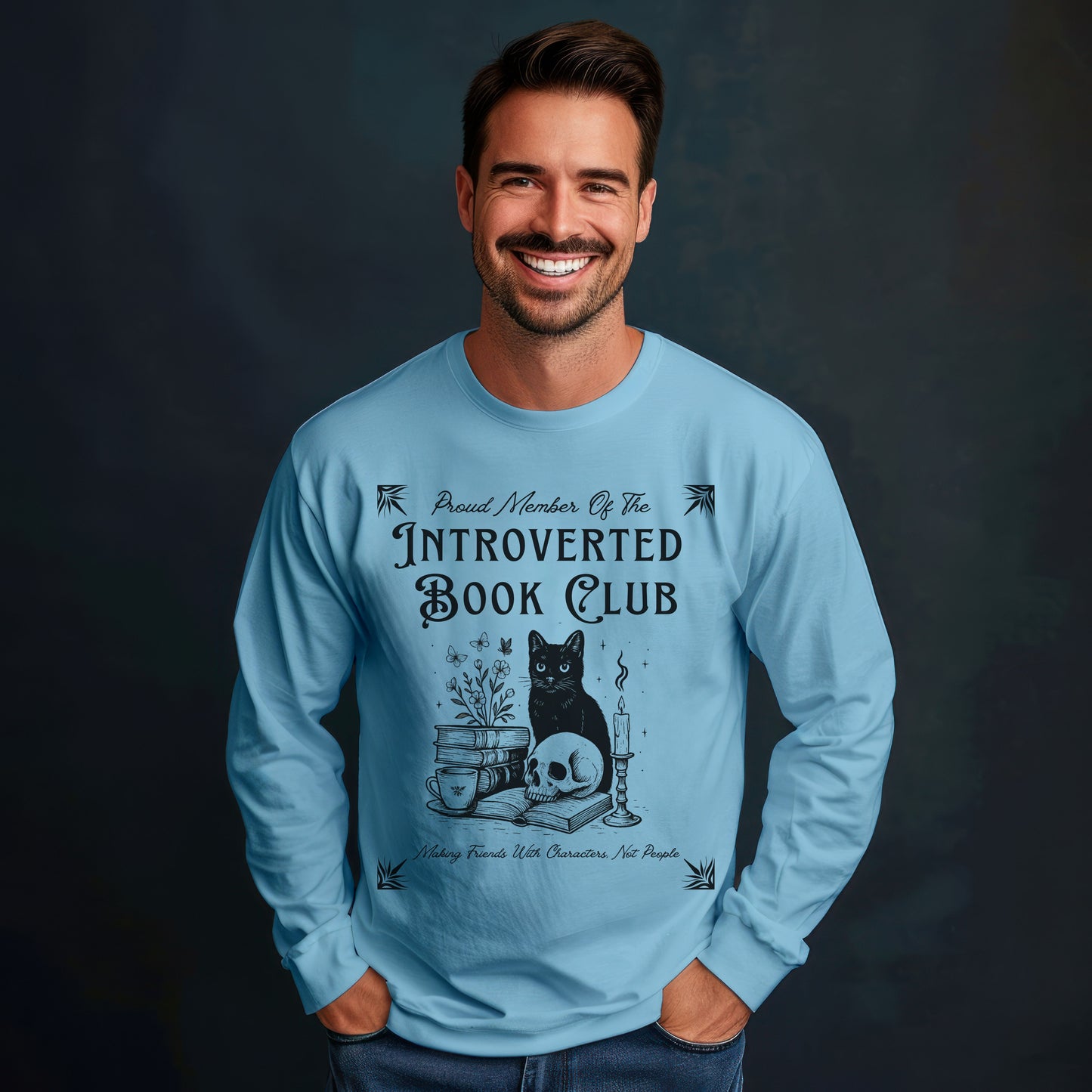Introverted Book Club Long Sleeve T-Shirt – Black Cat Reading Shirt, Funny Bookish Gift for Introverts & Cat Lovers