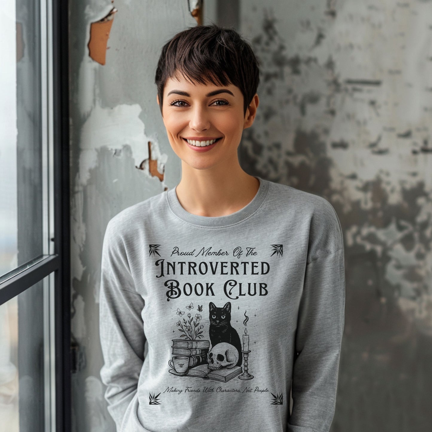 Introverted Book Club Long Sleeve T-Shirt – Black Cat Reading Shirt, Funny Bookish Gift for Introverts & Cat Lovers