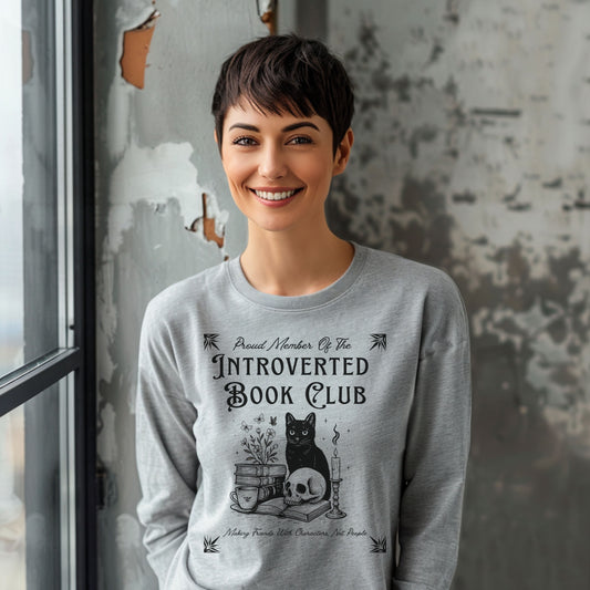 Introverted Book Club Long Sleeve T-Shirt – Black Cat Reading Shirt, Funny Bookish Gift for Introverts & Cat Lovers
