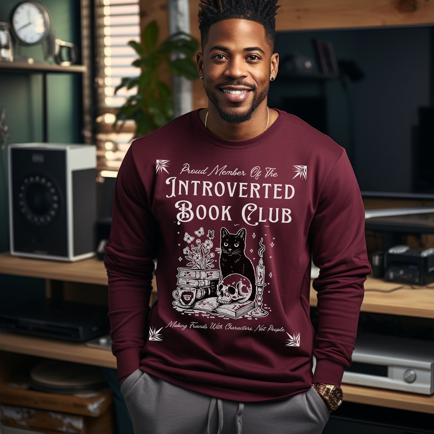 Introverted Book Club Long Sleeve T-Shirt – Black Cat Reading Shirt, Funny Bookish Gift for Introverts & Cat Lovers