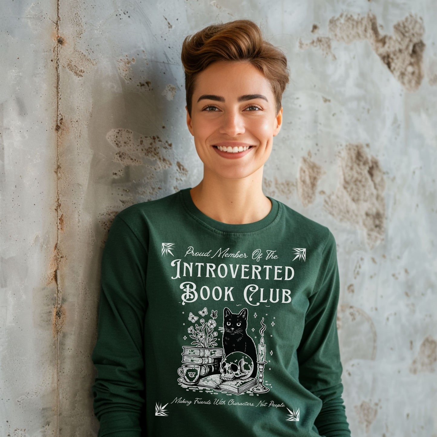 Introverted Book Club Long Sleeve T-Shirt – Black Cat Reading Shirt, Funny Bookish Gift for Introverts & Cat Lovers