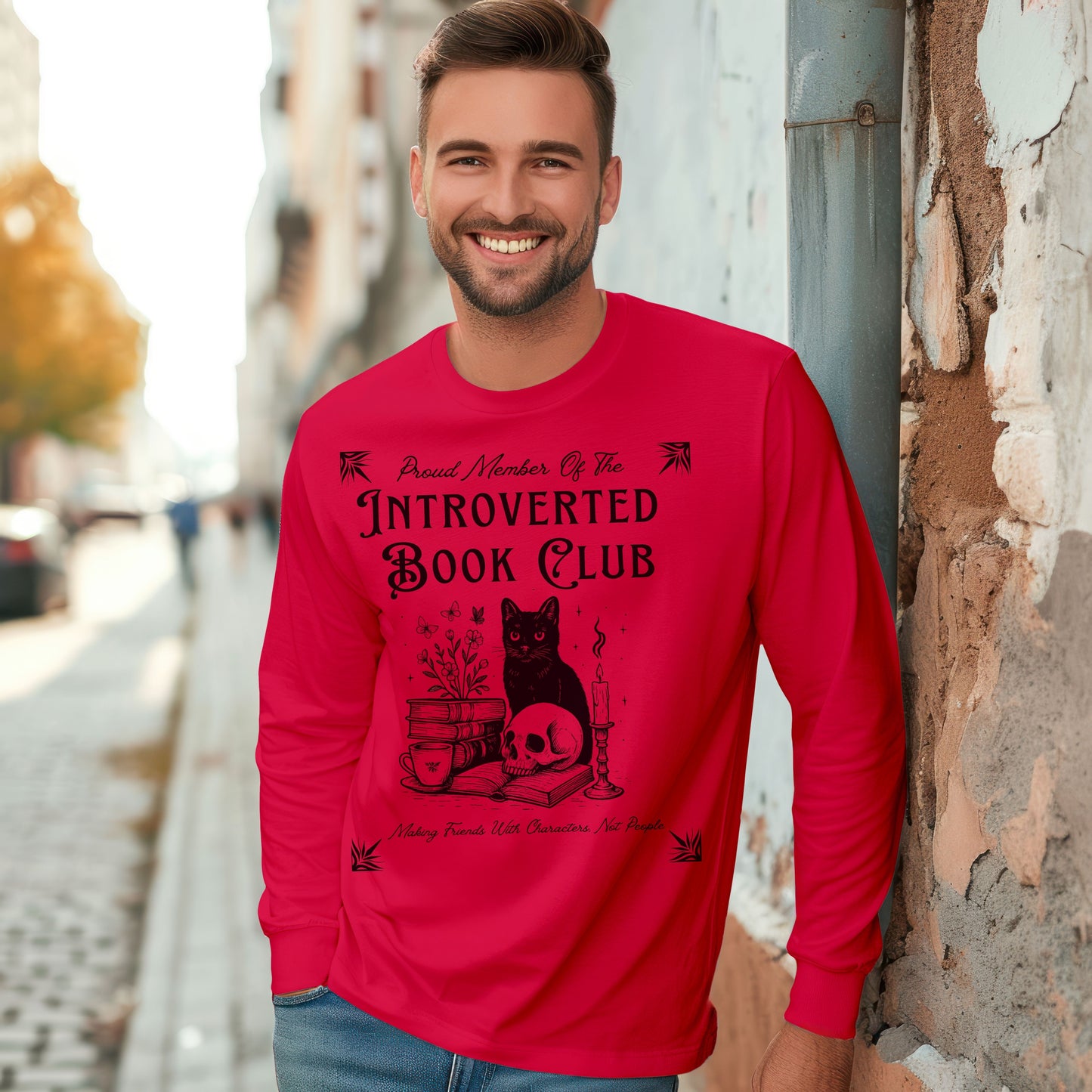 Introverted Book Club Long Sleeve T-Shirt – Black Cat Reading Shirt, Funny Bookish Gift for Introverts & Cat Lovers