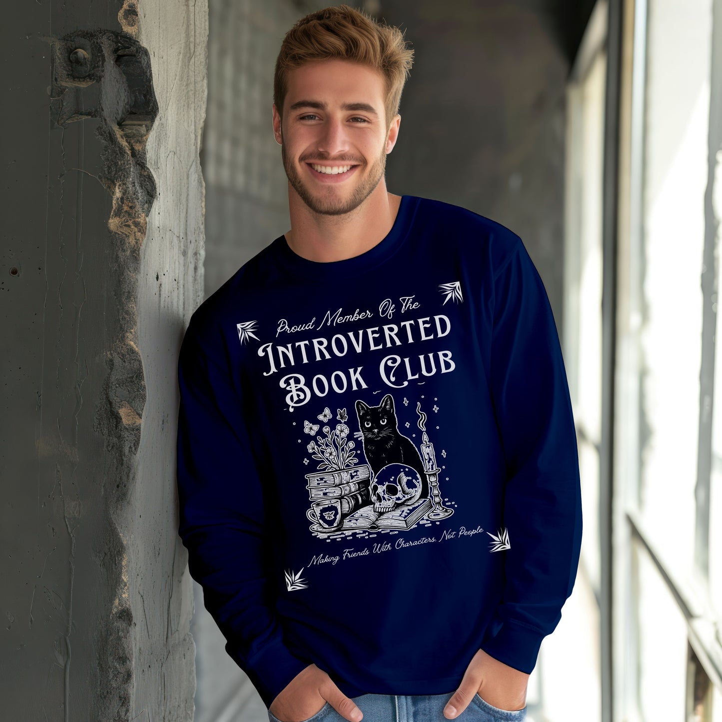 Introverted Book Club Long Sleeve T-Shirt – Black Cat Reading Shirt, Funny Bookish Gift for Introverts & Cat Lovers