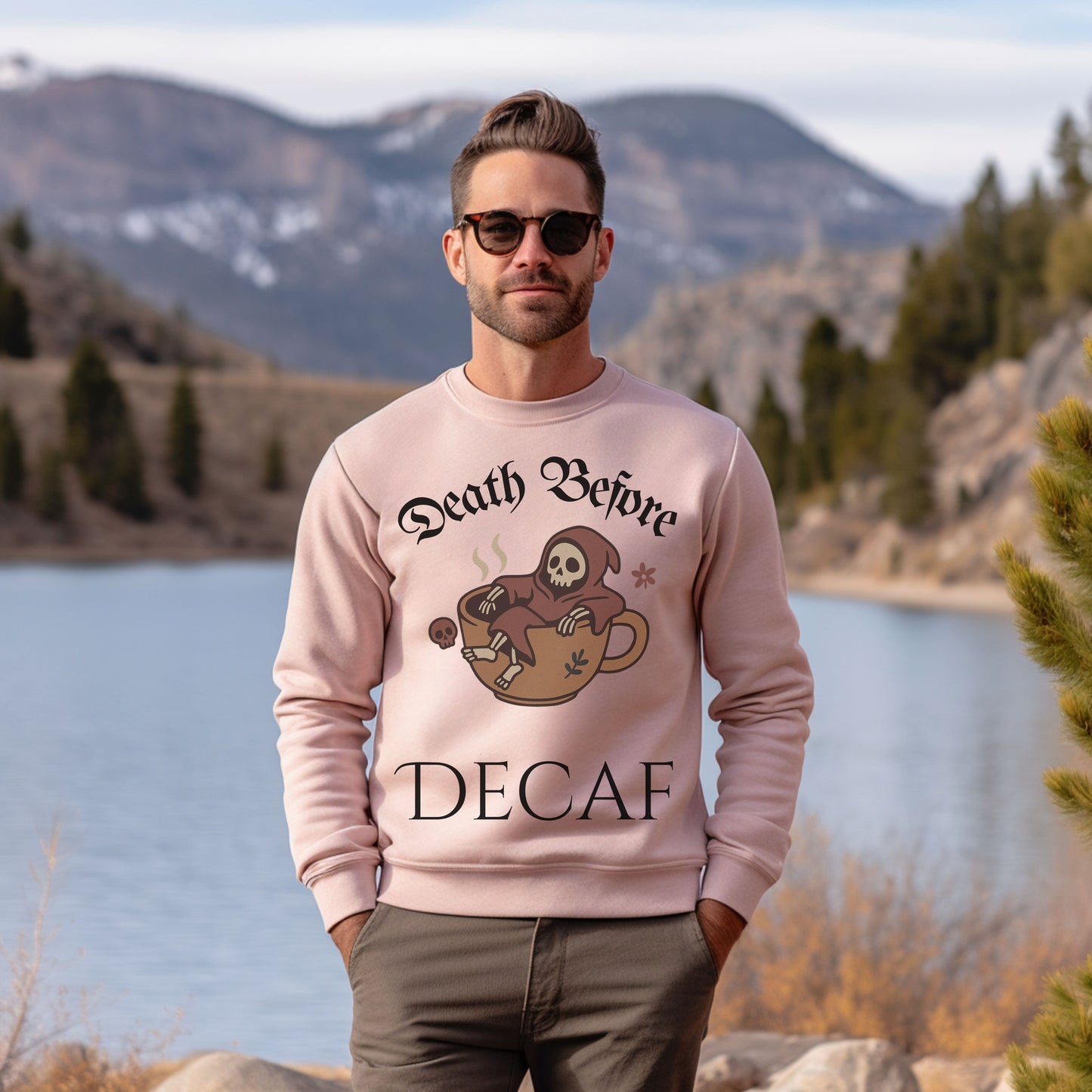 Death Before Decaf Sweatshirt – Funny Grim Reaper Coffee Shirt for Caffeine Lovers