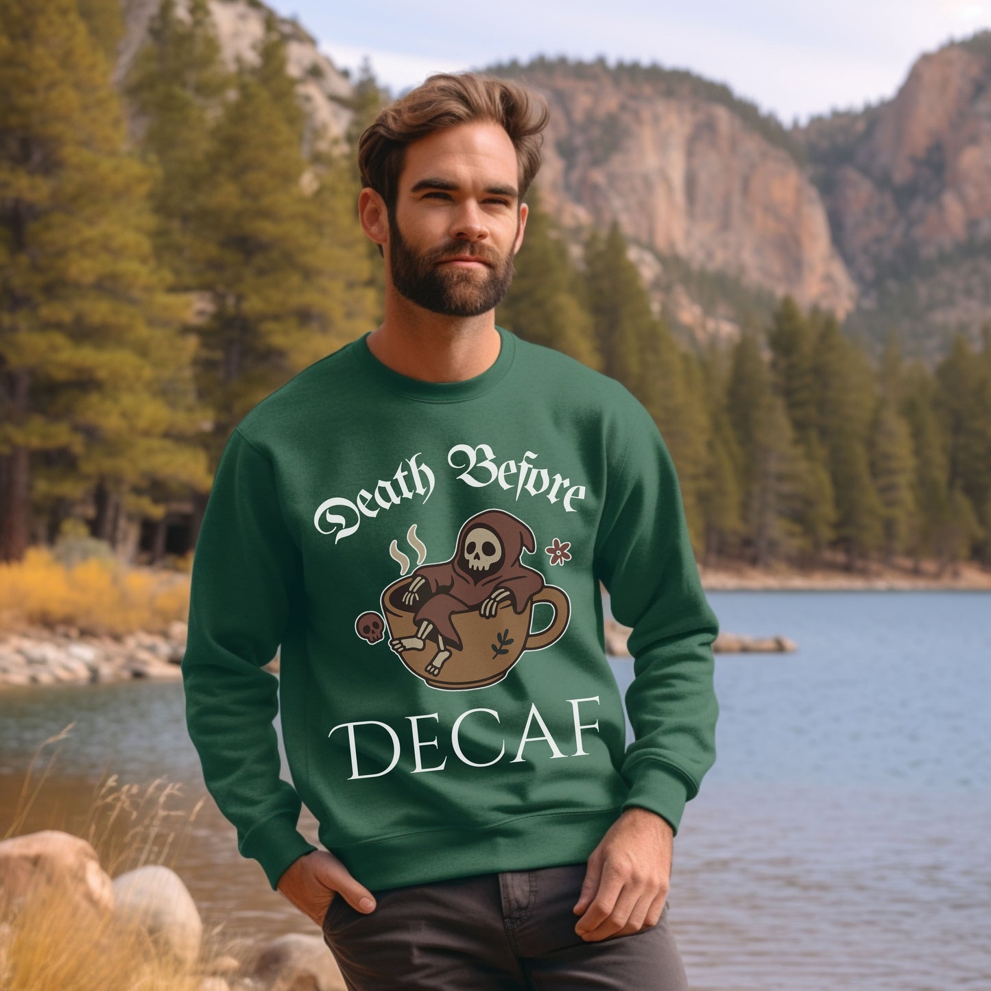 Death Before Decaf Sweatshirt – Funny Grim Reaper Coffee Shirt for Caffeine Lovers