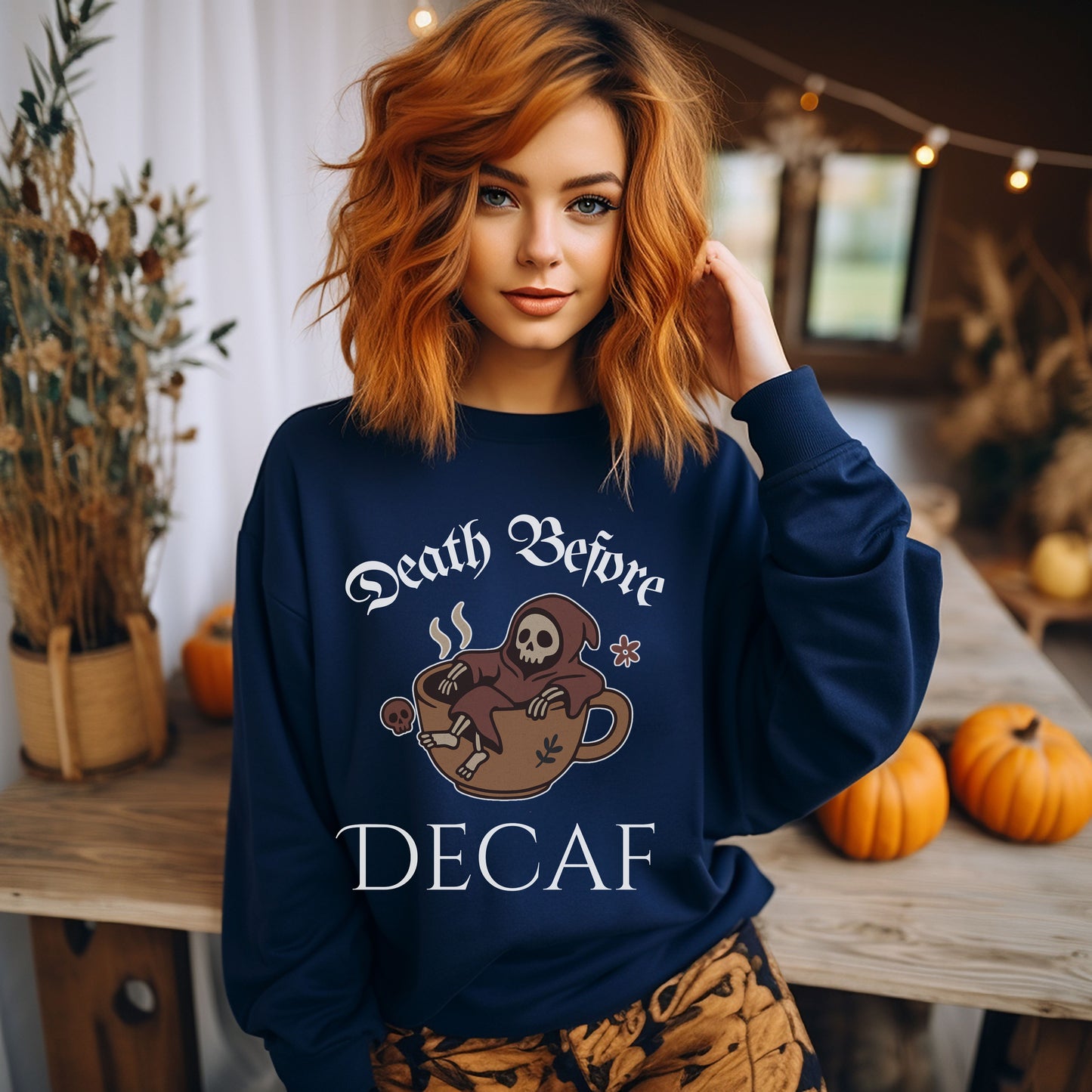 Death Before Decaf Sweatshirt – Funny Grim Reaper Coffee Shirt for Caffeine Lovers