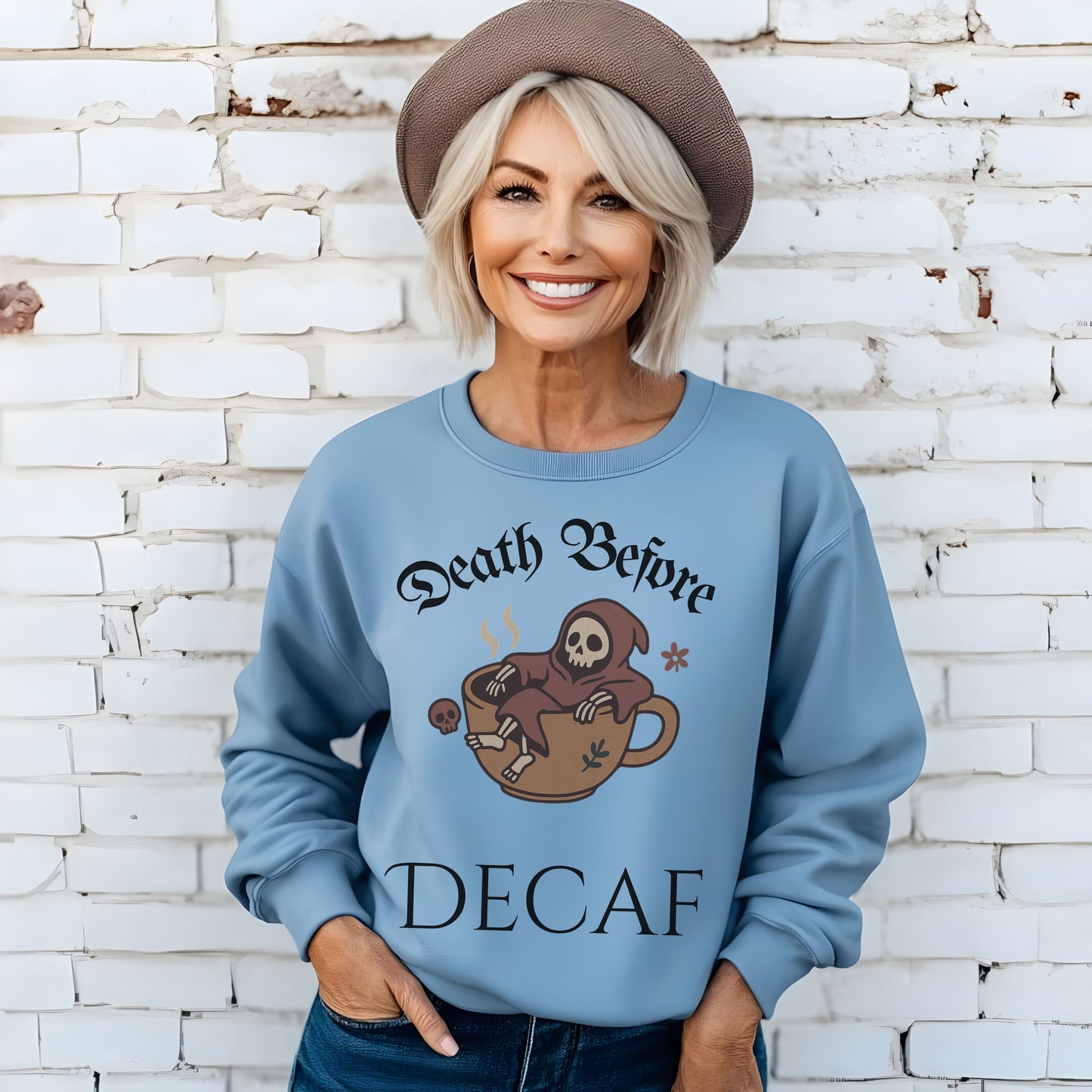 Death Before Decaf Sweatshirt – Funny Grim Reaper Coffee Shirt for Caffeine Lovers