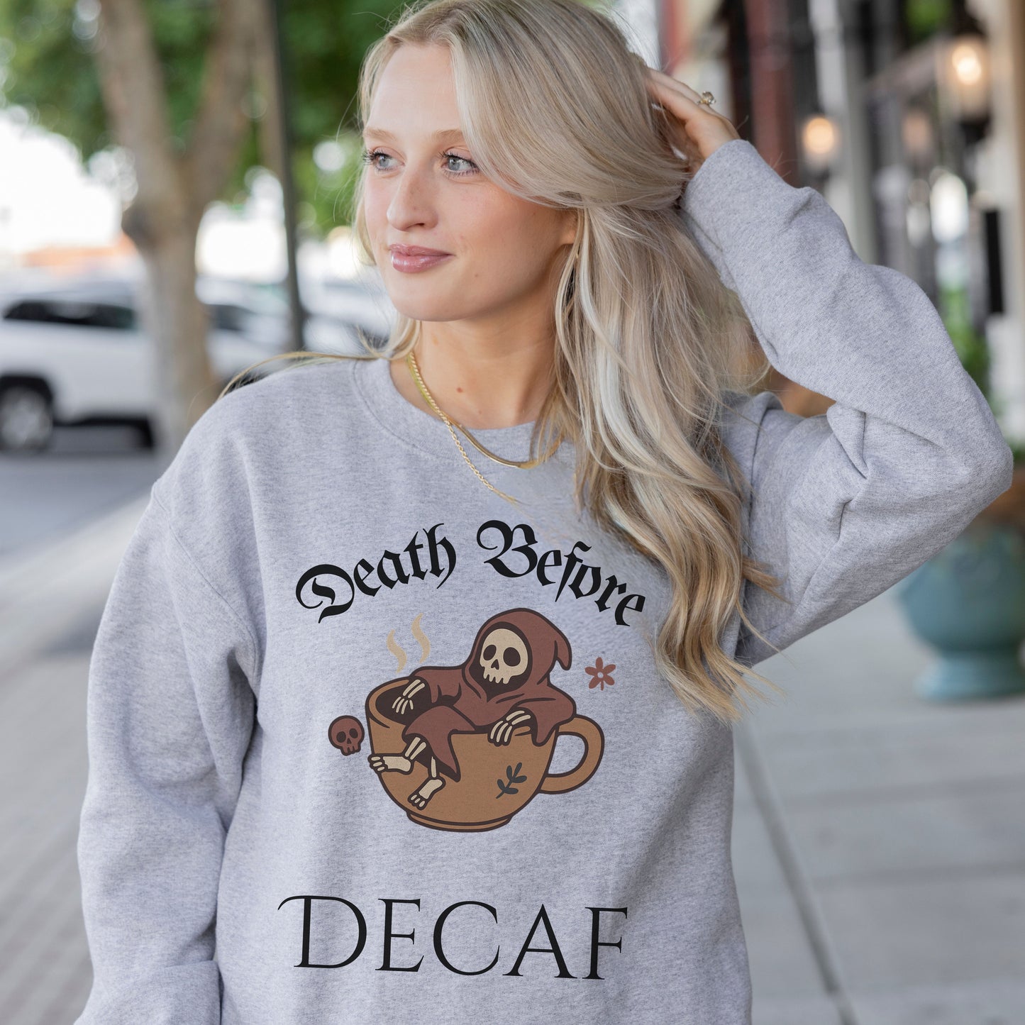 Death Before Decaf Sweatshirt – Funny Grim Reaper Coffee Shirt for Caffeine Lovers