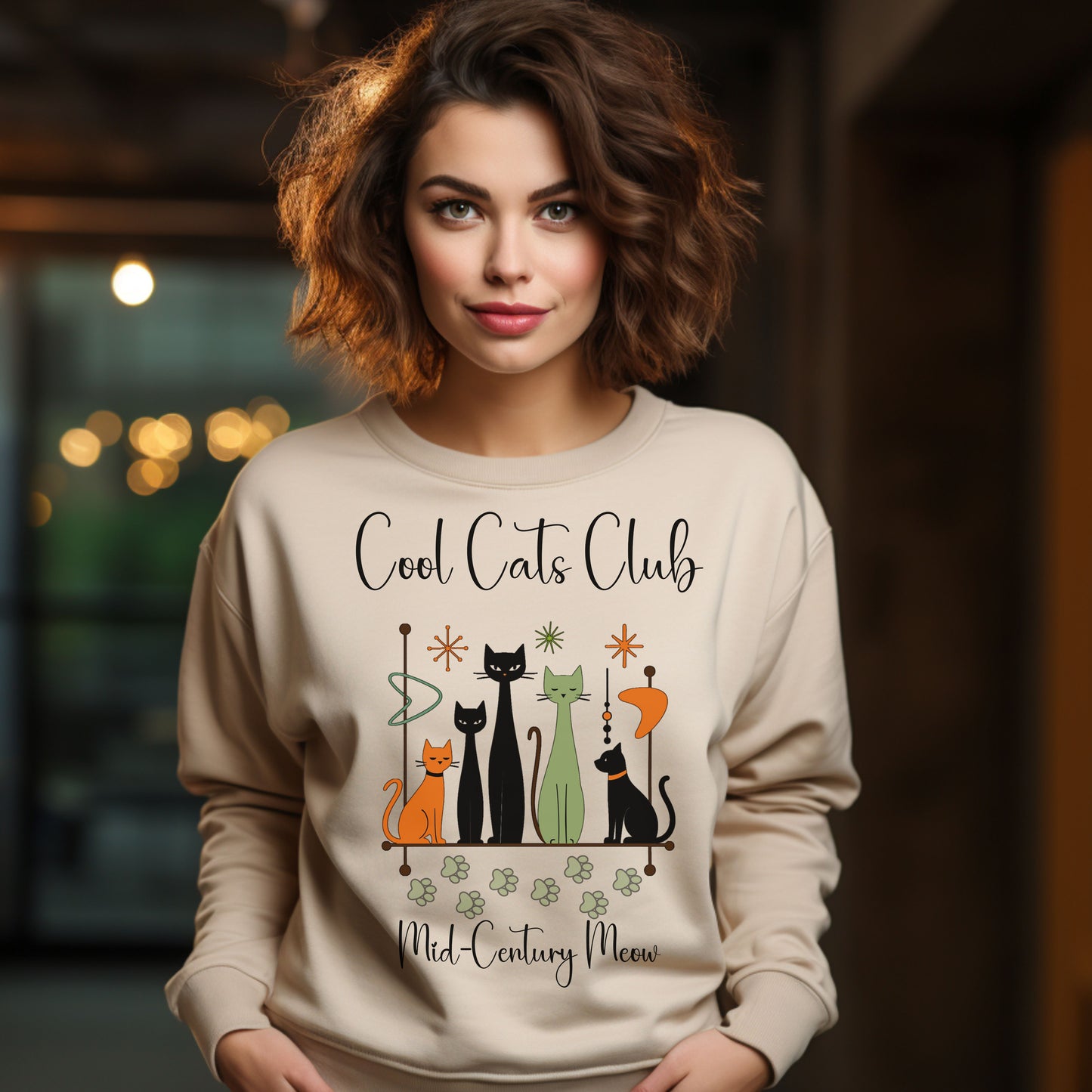 Cool Cats Club Sweatshirt – Mid-Century Modern Cat Lover Shirt, Retro Atomic Style Sweatshirt for Vintage Aesthetic Fans