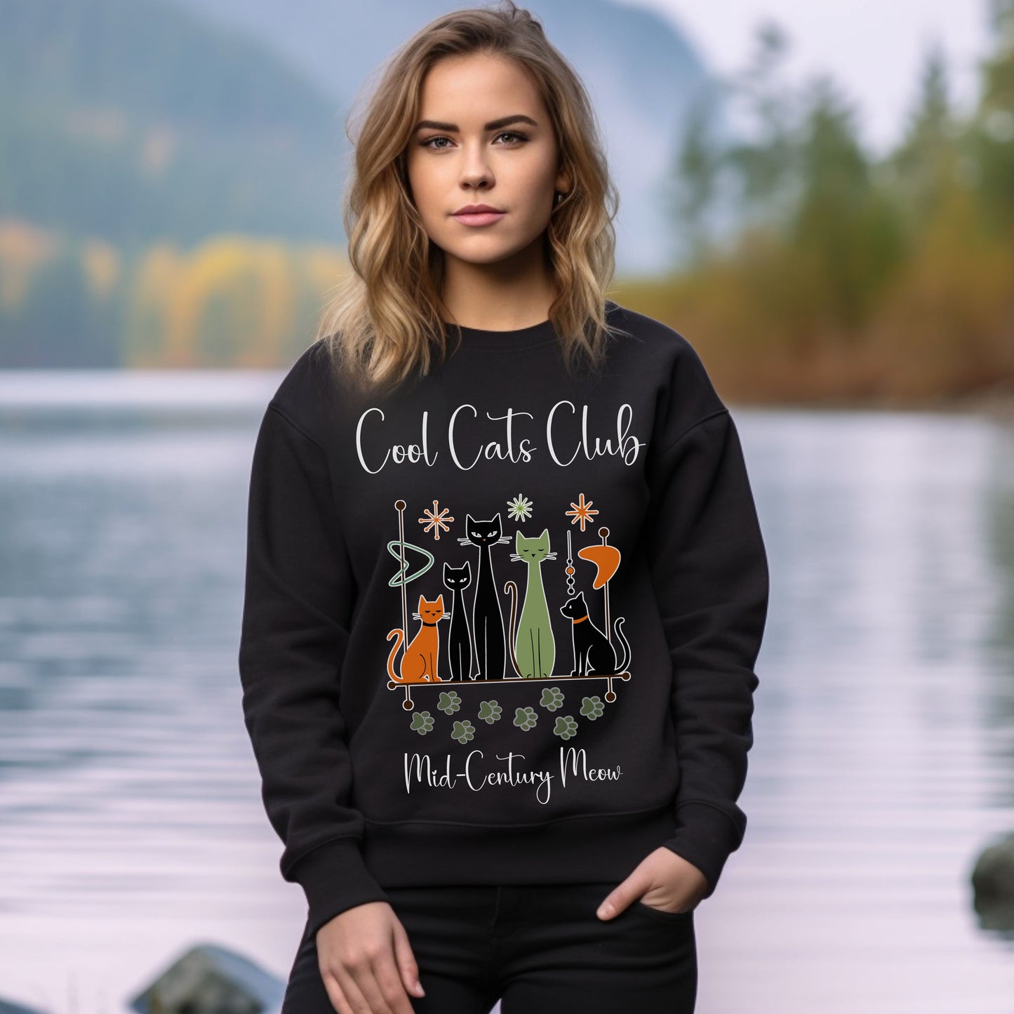 Cool Cats Club Sweatshirt – Mid-Century Modern Cat Lover Shirt, Retro Atomic Style Sweatshirt for Vintage Aesthetic Fans