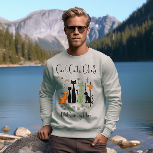 Cool Cats Club Sweatshirt – Mid-Century Modern Cat Lover Shirt, Retro Atomic Style Sweatshirt for Vintage Aesthetic Fans